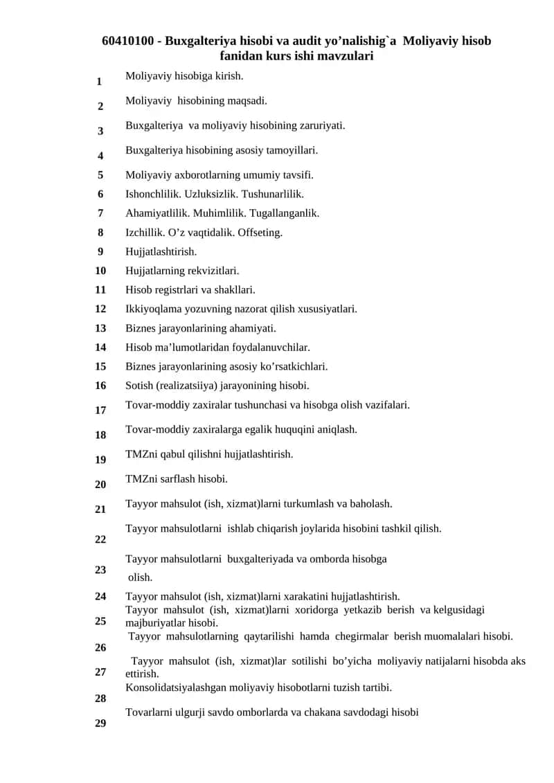 Buxgalteriya hisobi va audit yo’nalishig`a Moliyaviy hisob fanidan kurs ishi