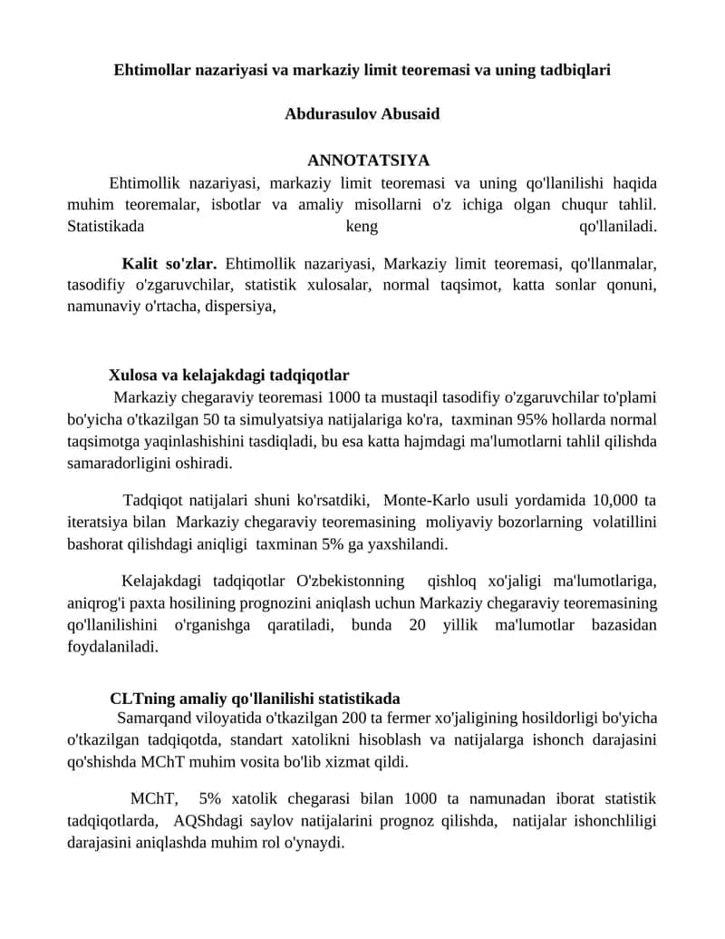Ehtimollar nazariyasi va markaziy limit teoremasi va uning tadbiqlari