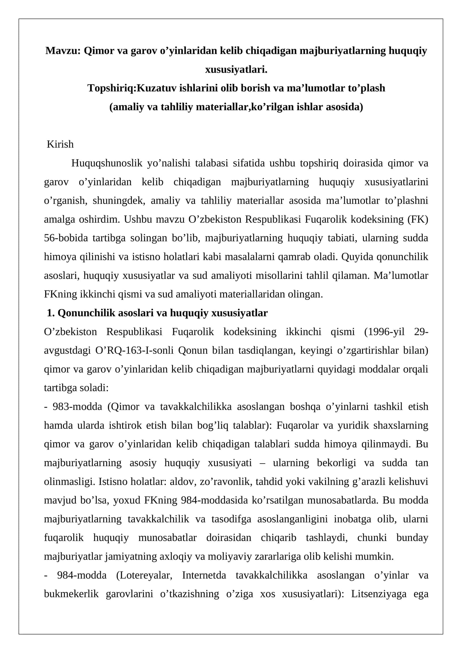 Qimor va garov o’yinlaridan kelib chiqadigan majburiyatlarning huquqiy xususiyatlari