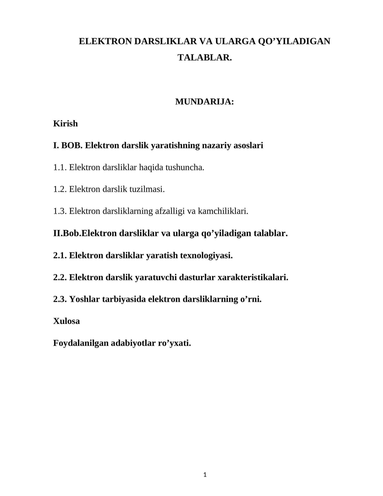 ELEKTRON DARSLIKLAR VA ULARGA QO’YILADIGAN TALABLAR
