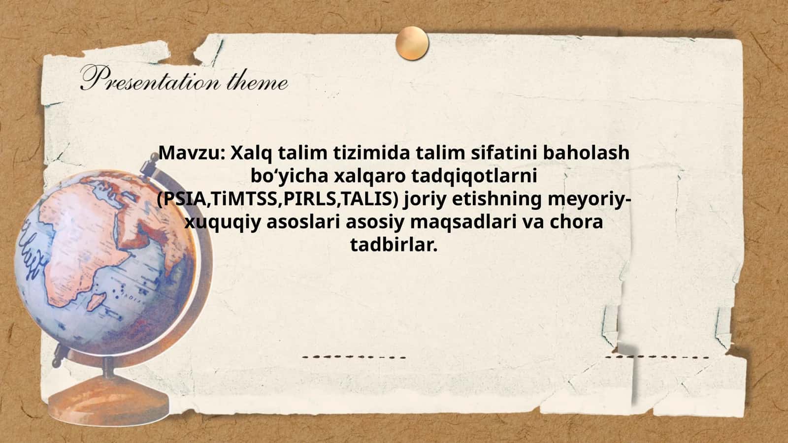 Xalq talim tizimida talim sifatini baholash boʻyicha xalqaro tadqiqotlarni (PSIA,TiMTSS,PIRLS,TALIS) joriy etishning meyoriy-xuquqiy asoslari asosiy maqsadlari va chora tadbirlar