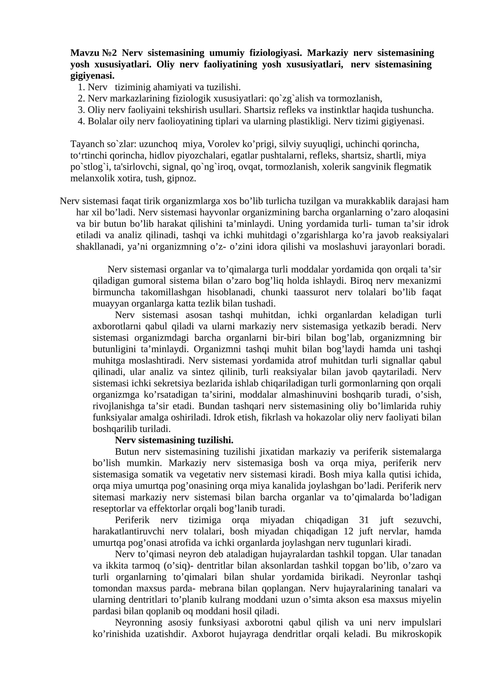 Mavzu №2 Nerv sistemasining umumiy fiziologiyasi