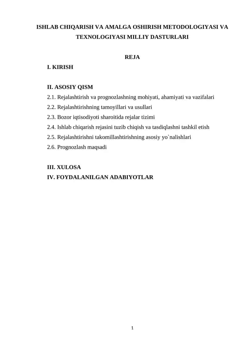 ISHLAB CHIQARISH VA AMALGA OSHIRISH METODOLOGIYASI VA TEXNOLOGIYASI MILLIY DASTURLARI