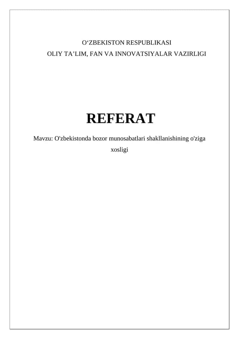 O'zbekistonda Bozor Munosabatlari Shakllanishi