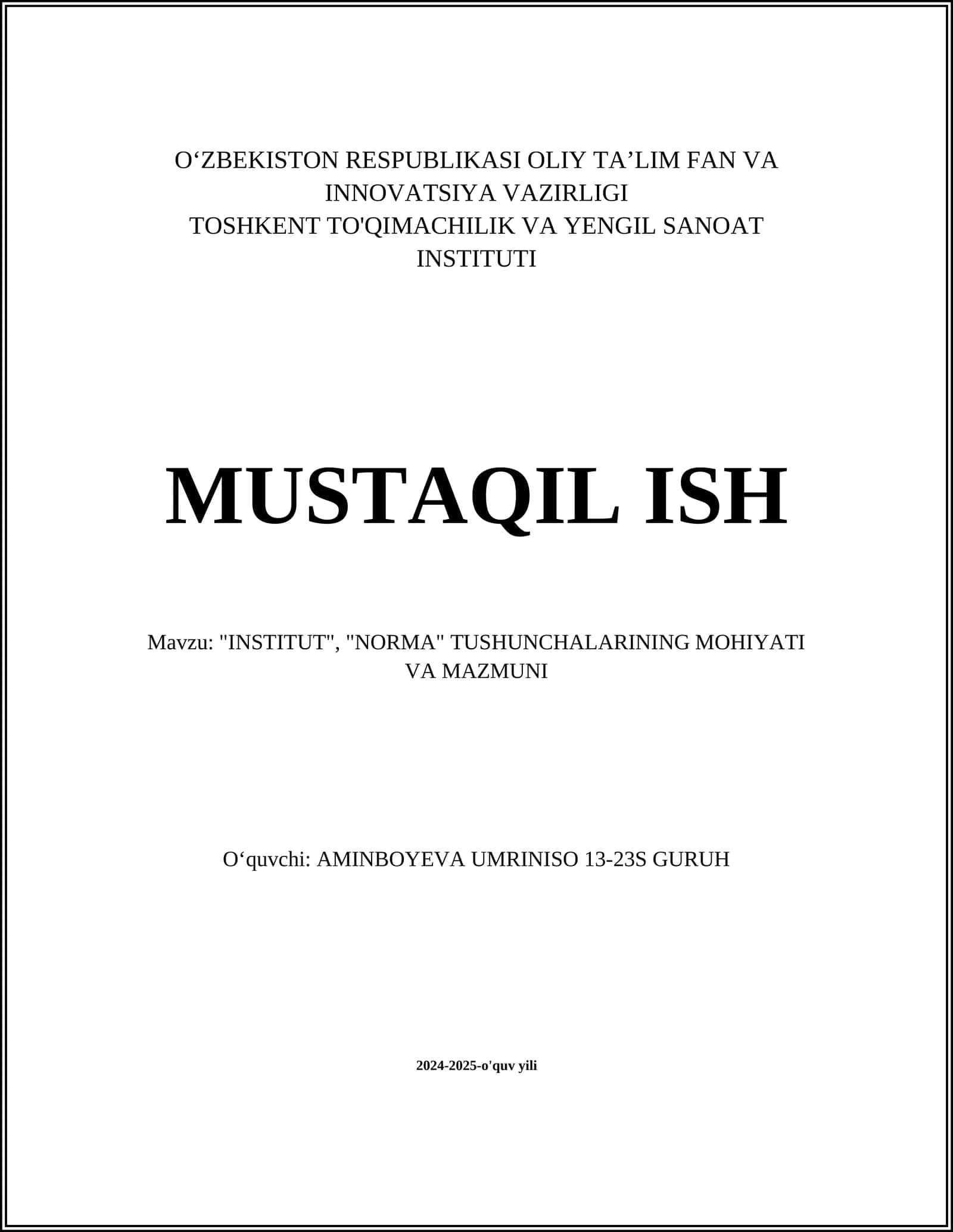 "INSTITUT", "NORMA" TUSHUNCHALARINING MOHIYATI VA MAZMUNI