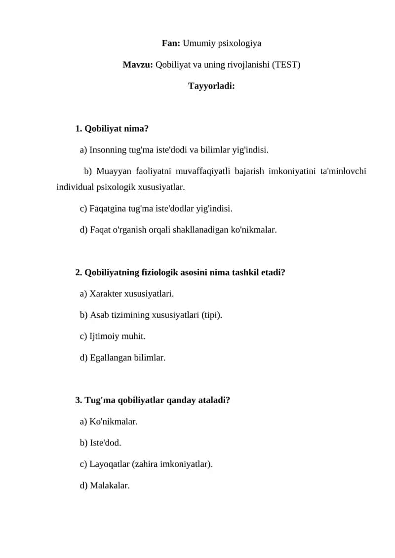 Qobiliyat va uning rivojlanishi (TEST)