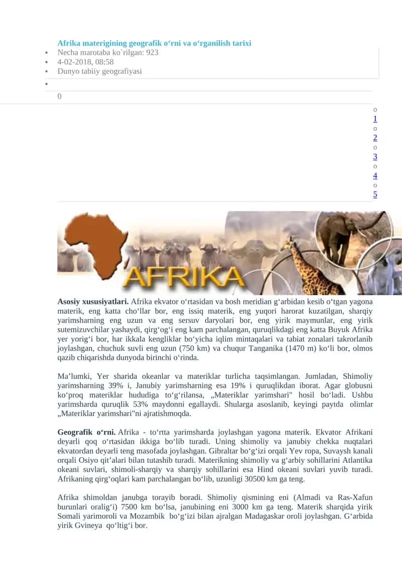 Afrika materigining geografik o‘rni va o‘rganilish tarixi