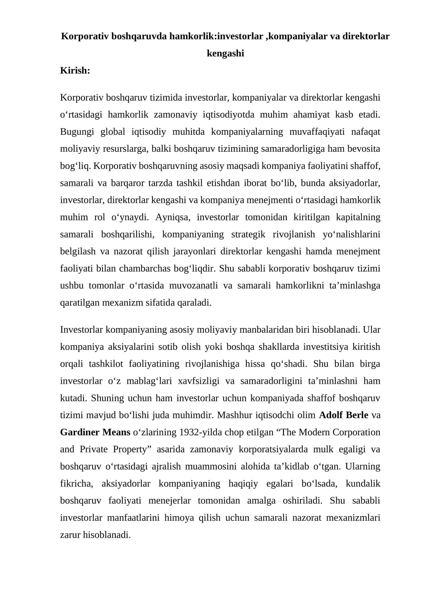 Korporativ boshqaruvda hamkorlik investorlar,kompaniyalar va direktorlar kengashi