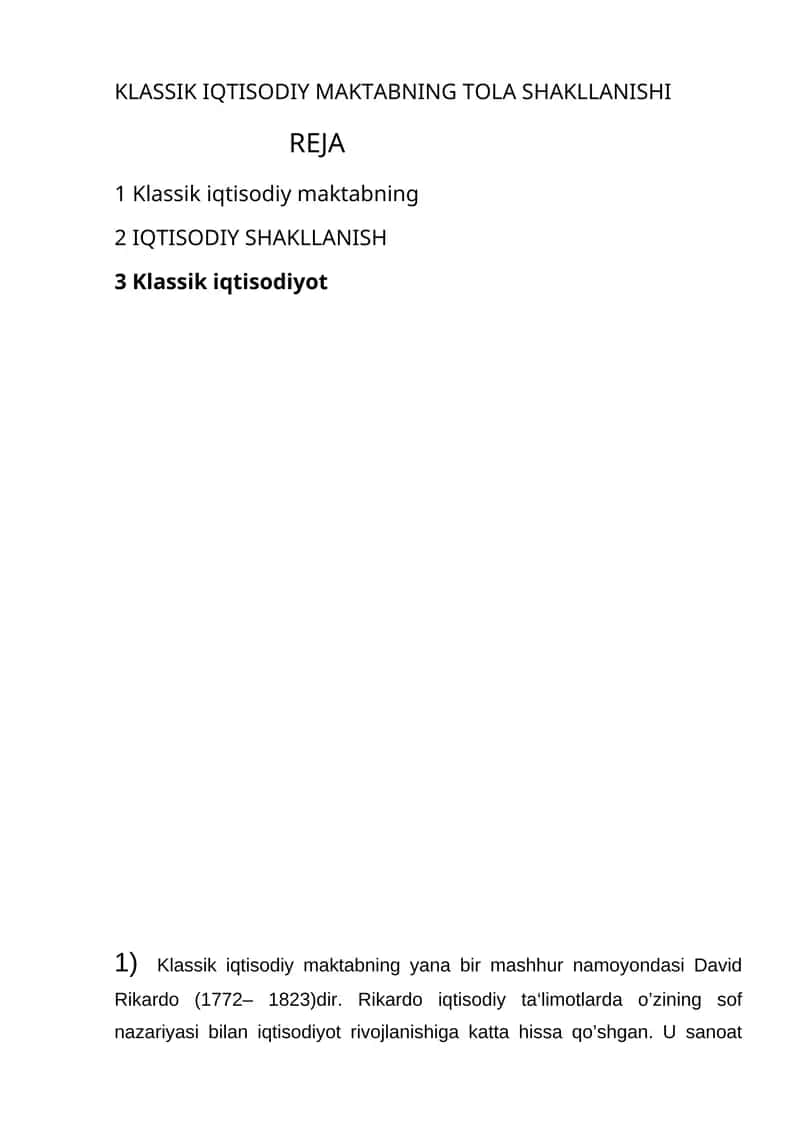 Klassik iqtisodiy maktabning to‘la shakllanishi
