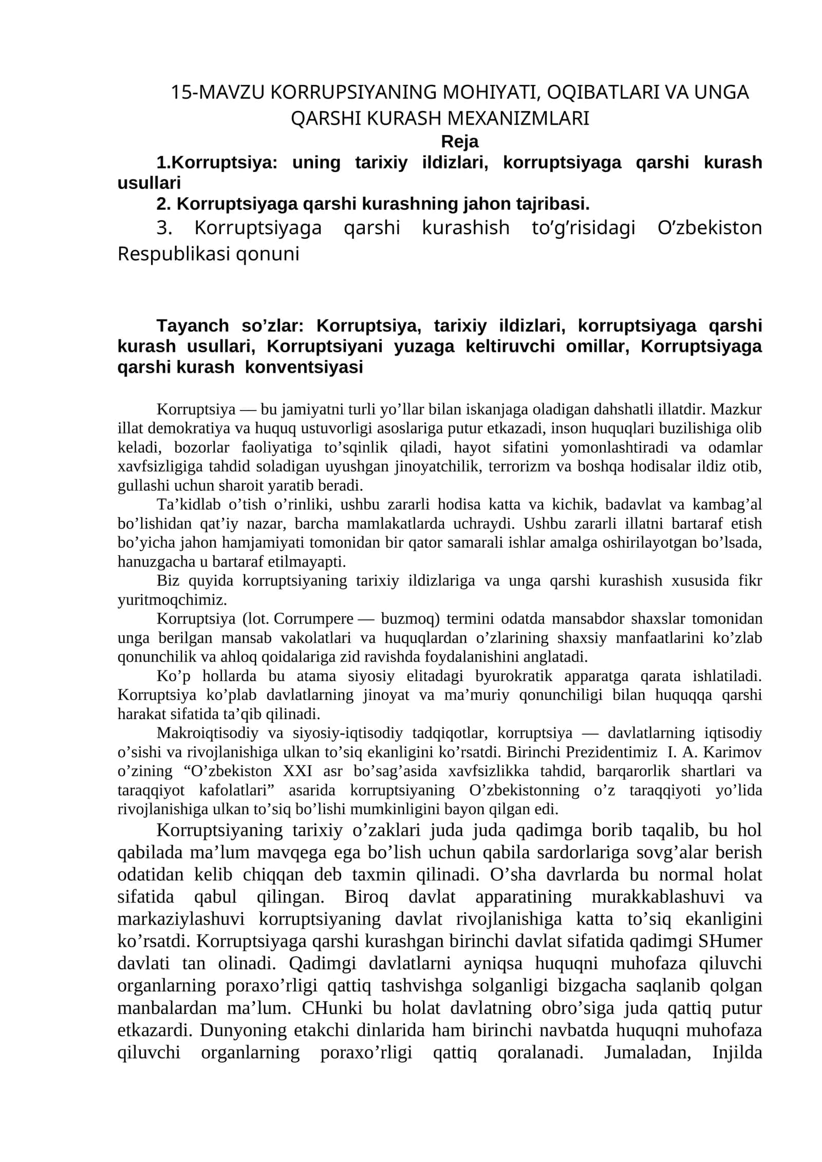 Kоrruptsiyанing mоhiyаti, оqibаtlаri vа unga qаrshi kurаsh mexаnizmlаri
