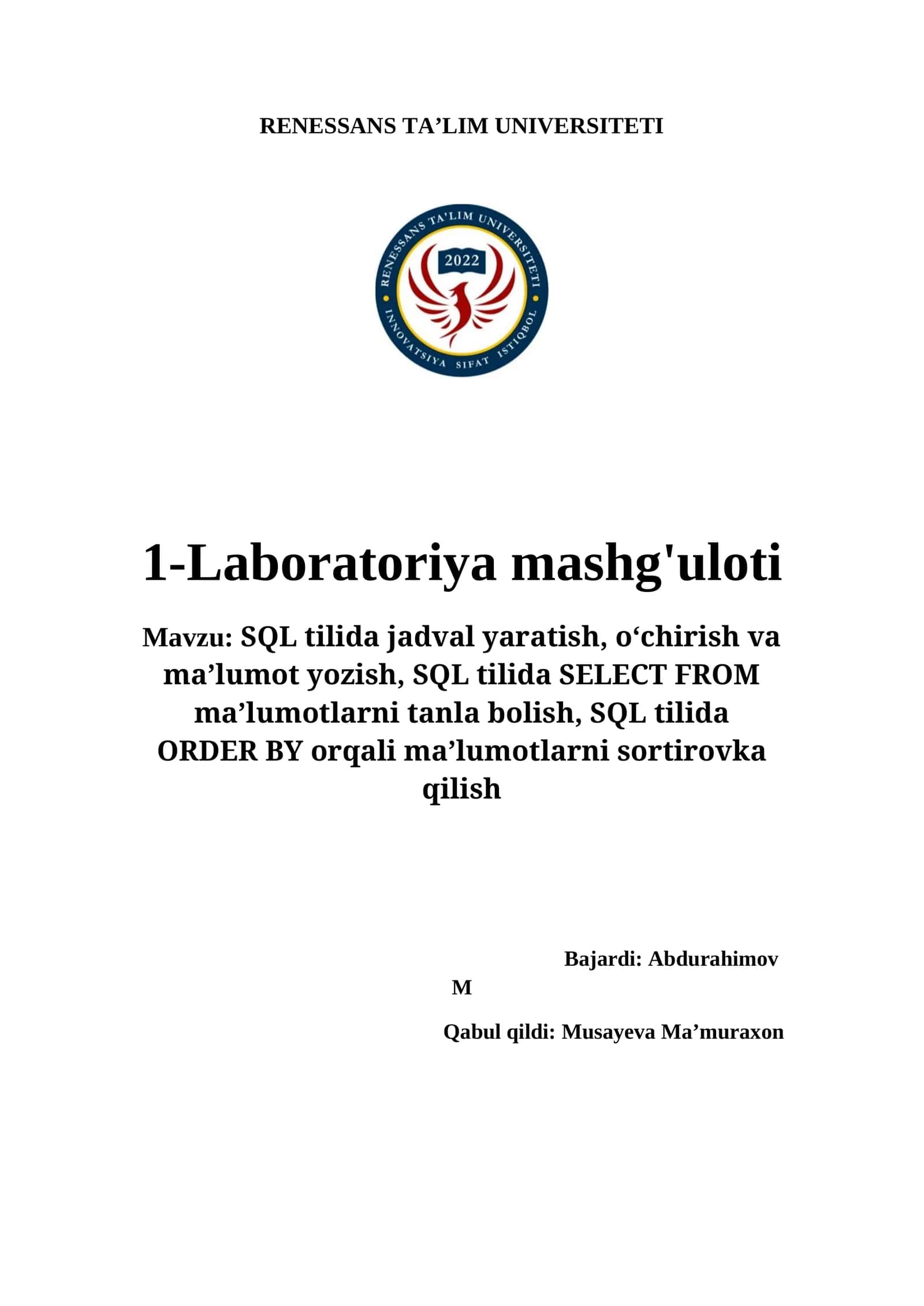 SQL Tilida Jadval Yaratish