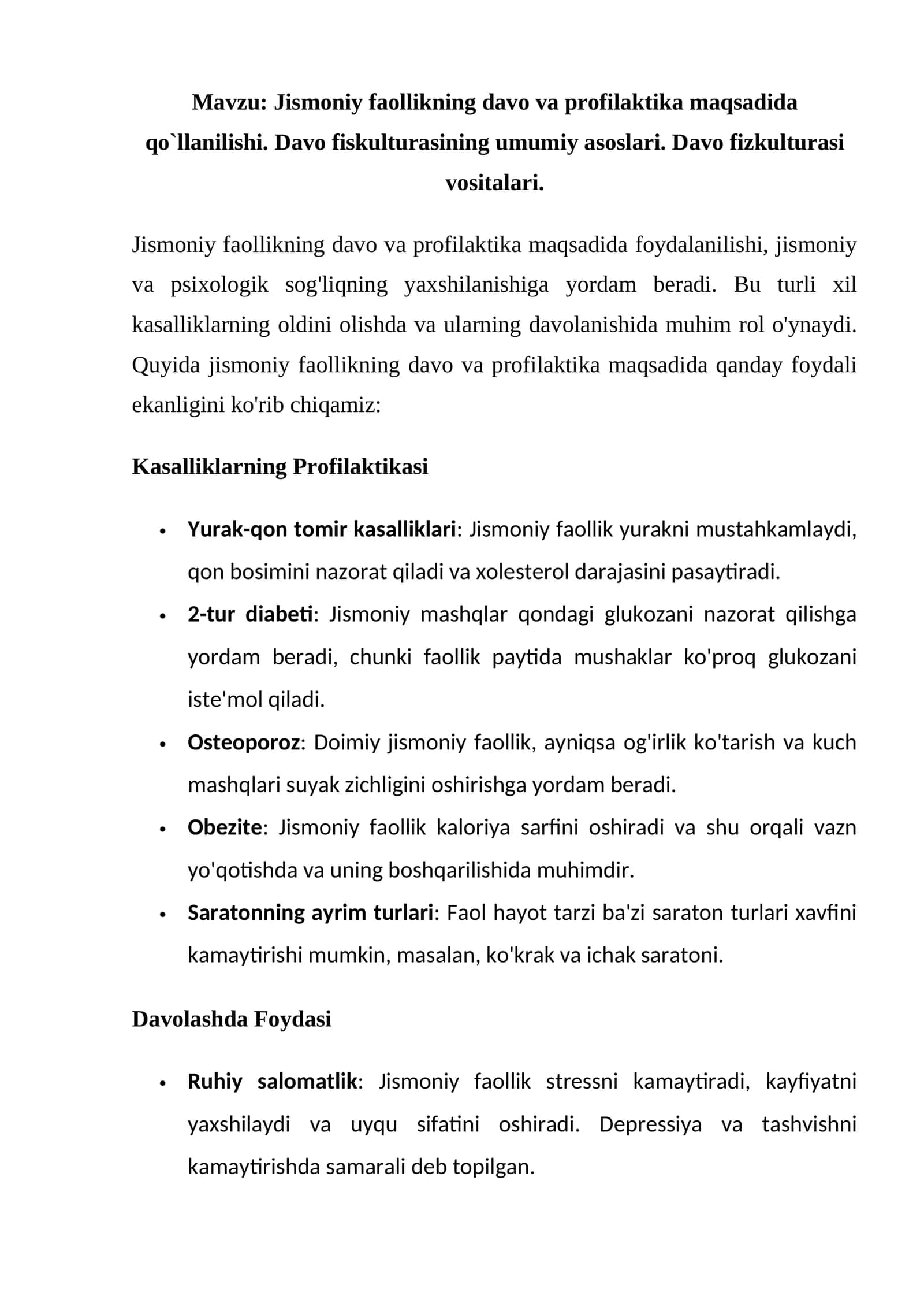 Jismoniy faollikning davo va profilaktika maqsadida qo`llanilishi
