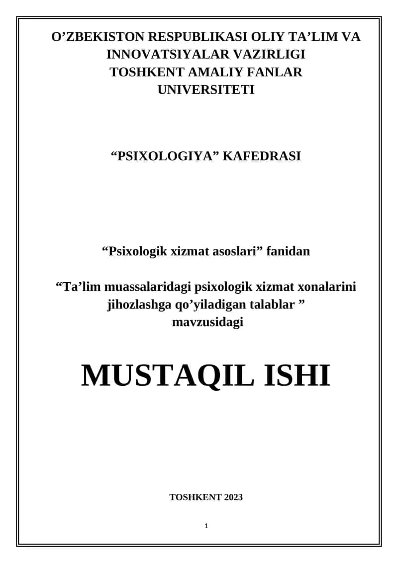 Ta’lim muassalaridagi psixologik xizmat xonalarini jihozlashga qo’yiladigan talablar