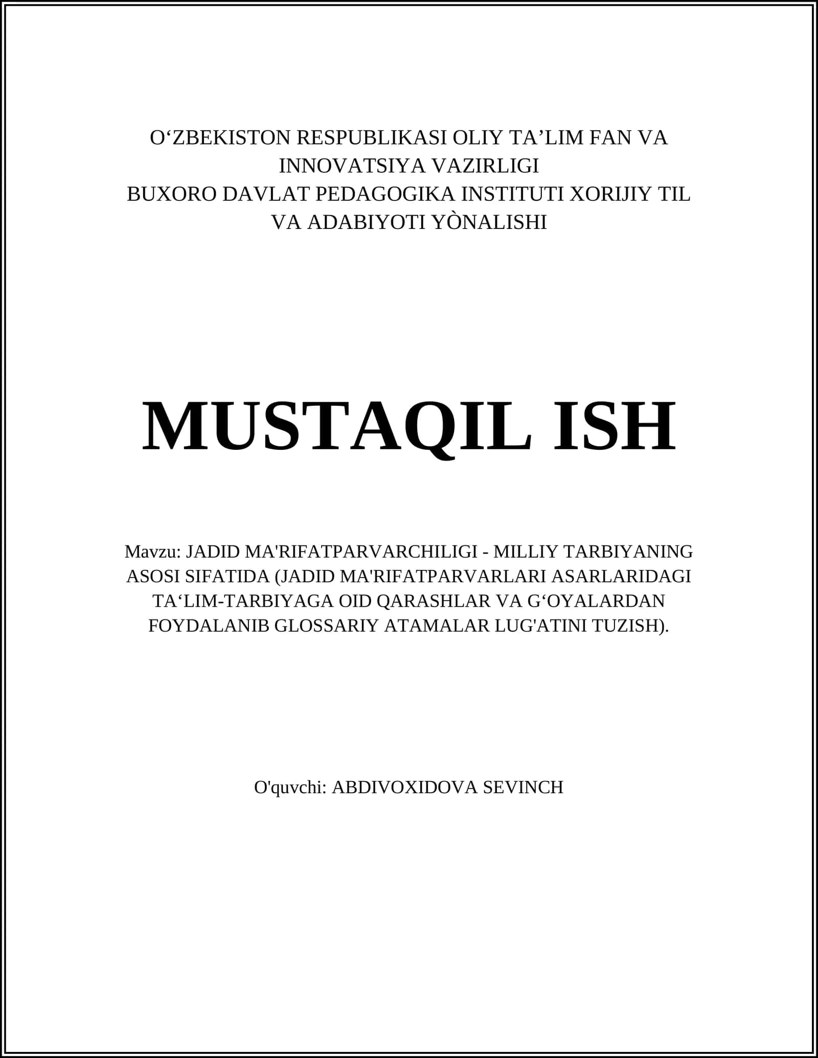 JADID MA'RIFATPARVARCHILIGI - MILLIY TARBIYANING ASOSI SIFATIDA