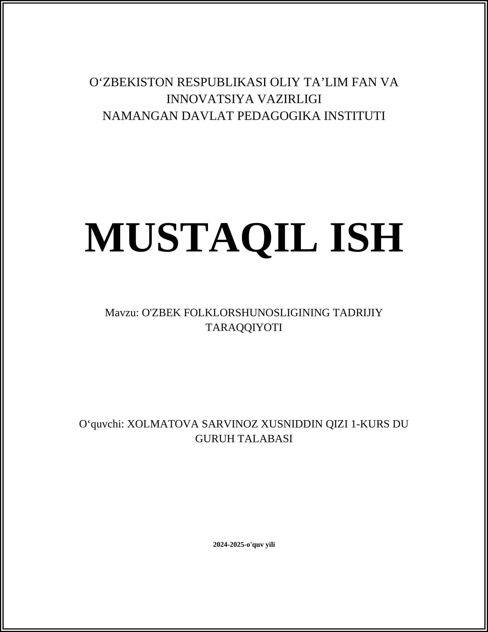 O'ZBEK FOLKLORSHUNOSLIGINING TADRIJIY TARAQQIYOTI