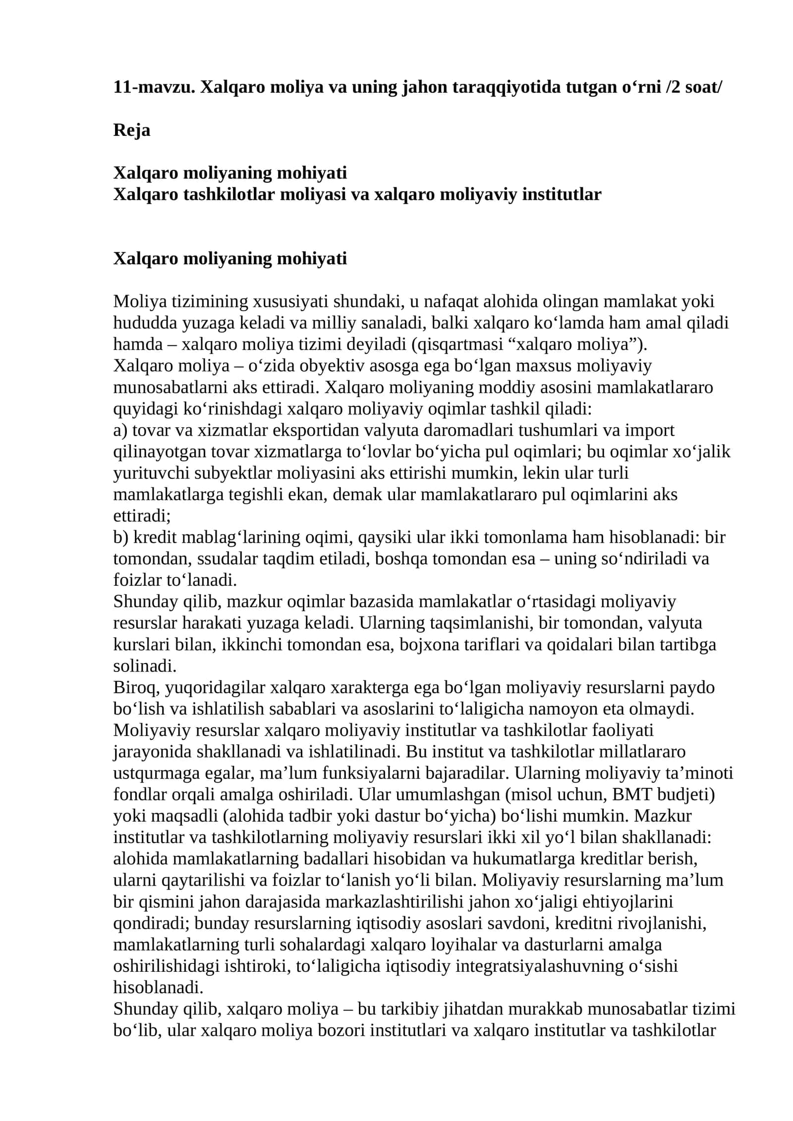 Xalqaro moliya va uning jahon taraqqiyotida tutgan o‘rni