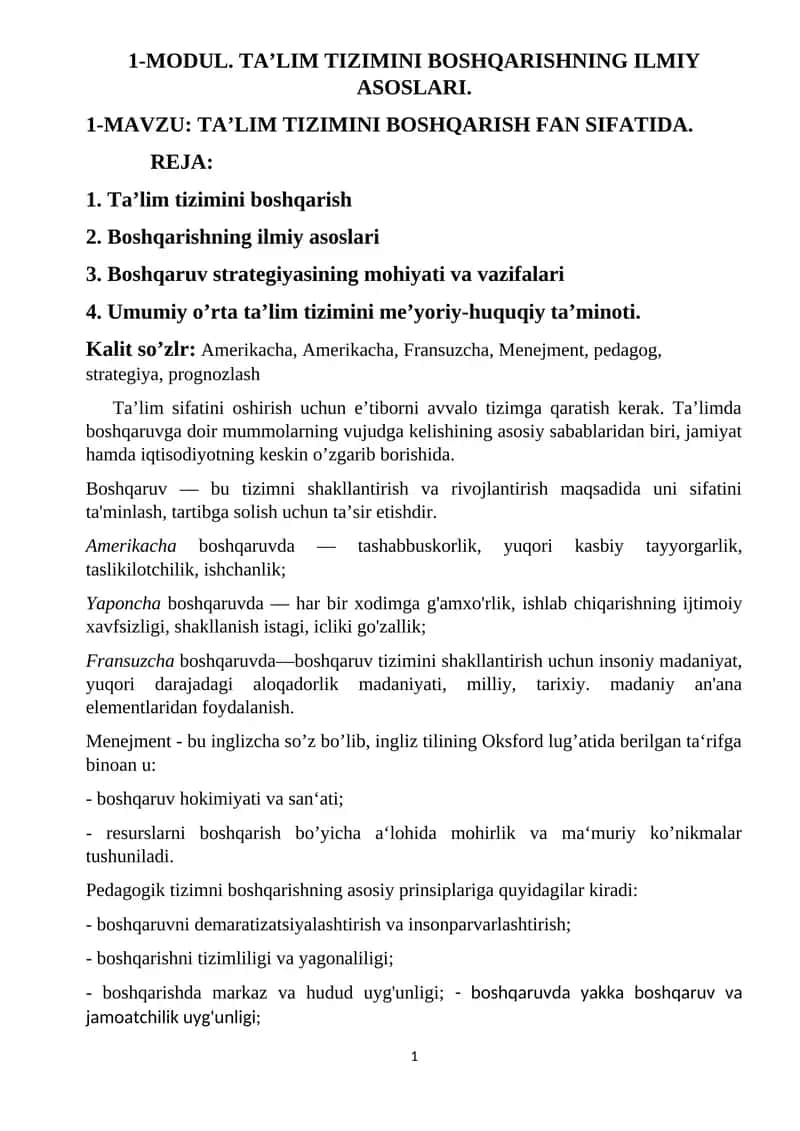 TA’LIM TIZIMINI BOSHQARISHNING ILMIY ASOSLARI