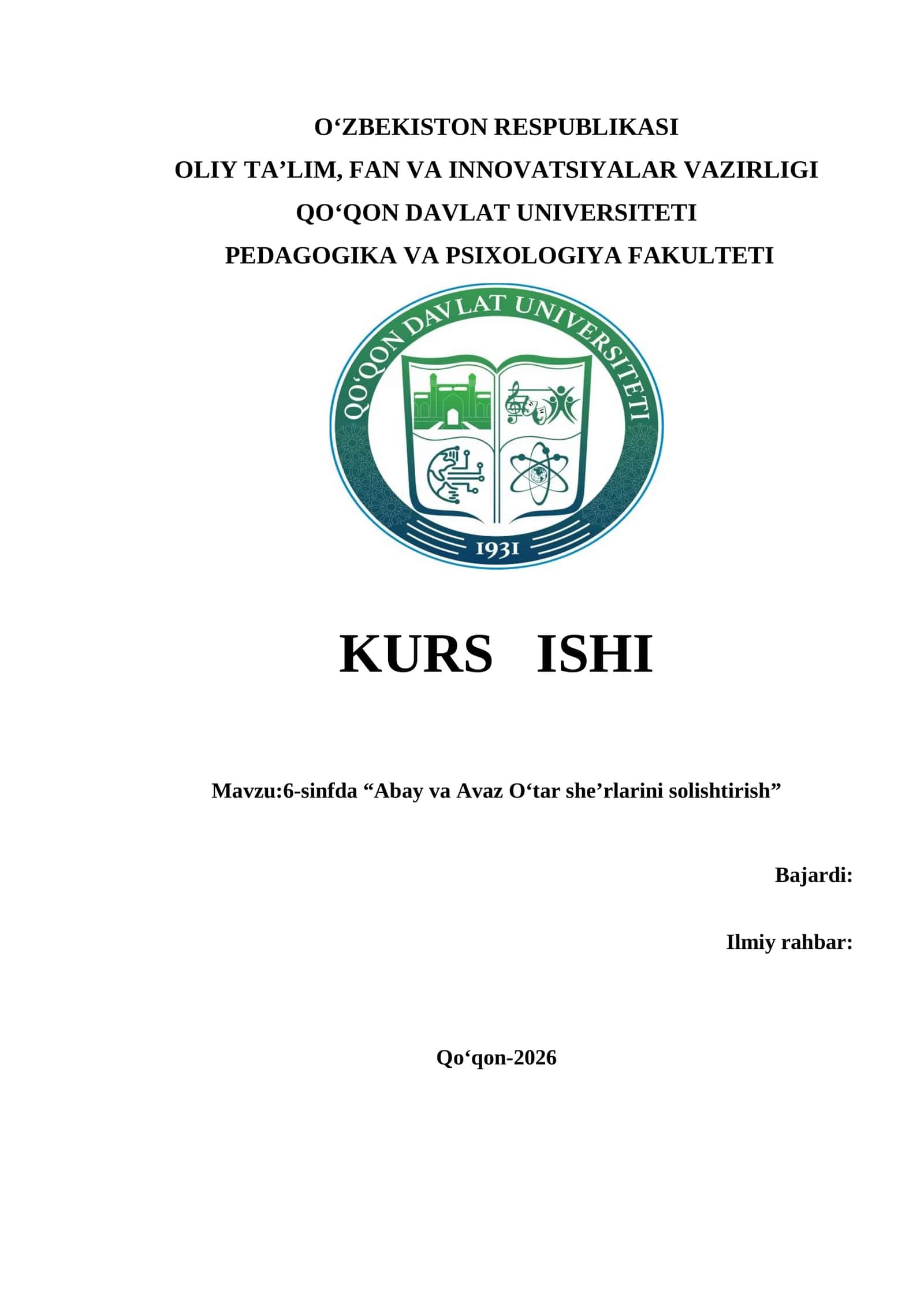 Abay va Avaz O‘tar she’rlarini solishtirish kurs ishi