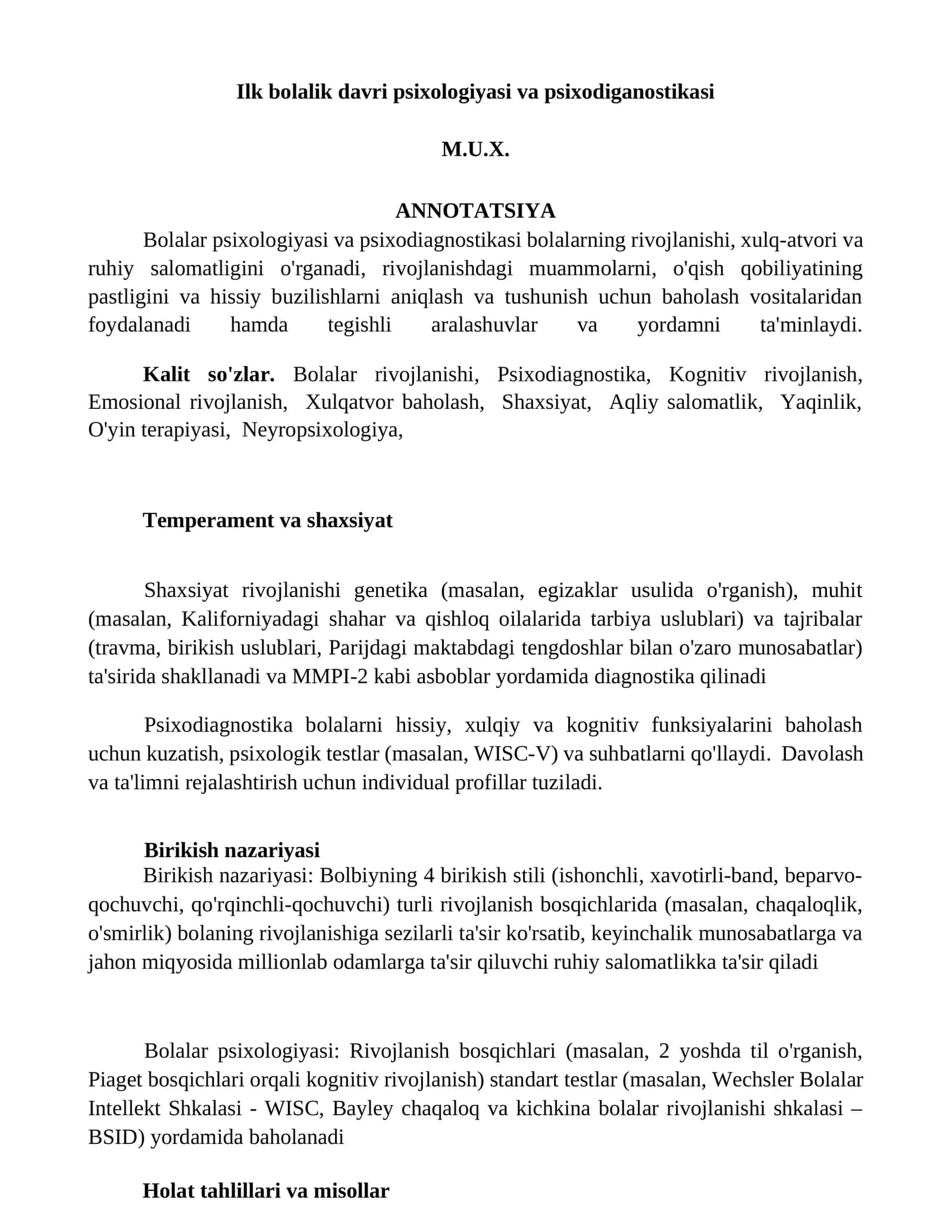 Ilk bolalik davri psixologiyasi va psixodiganostikasi
