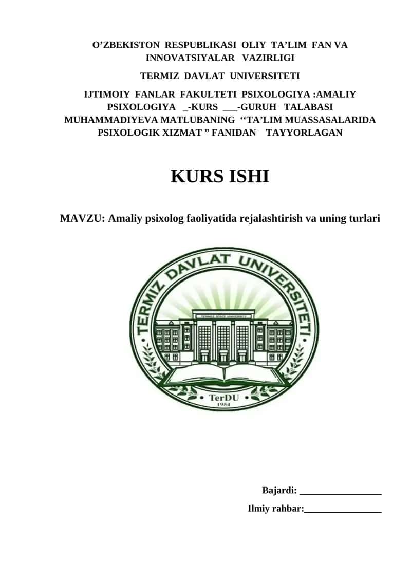 Amaliy psixolog faoliyatida rejalashtirish va uning turlari