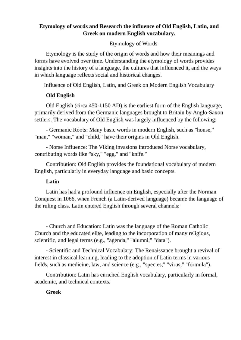 Influence of Old English, Latin, and Greek on Modern English Vocabulary