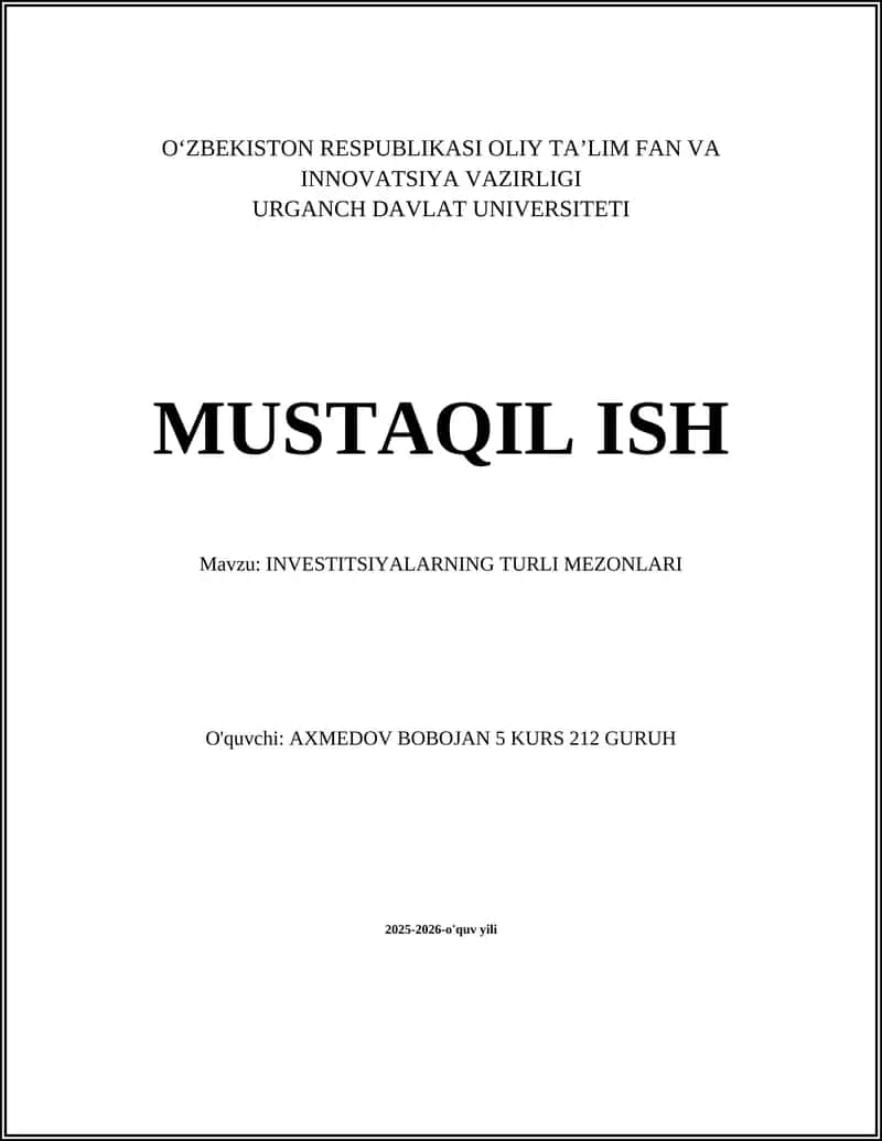 INVESTITSIYALARNING TURLI MEZONLARI