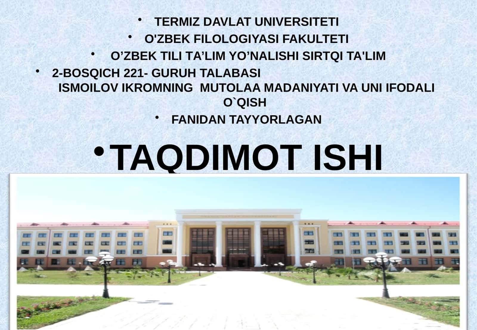 MUTOLAA MADANIYATI VA UNI IFODALI O`QISH FANIDAN TAYYORLAGAN TAQDIMOT ISHI