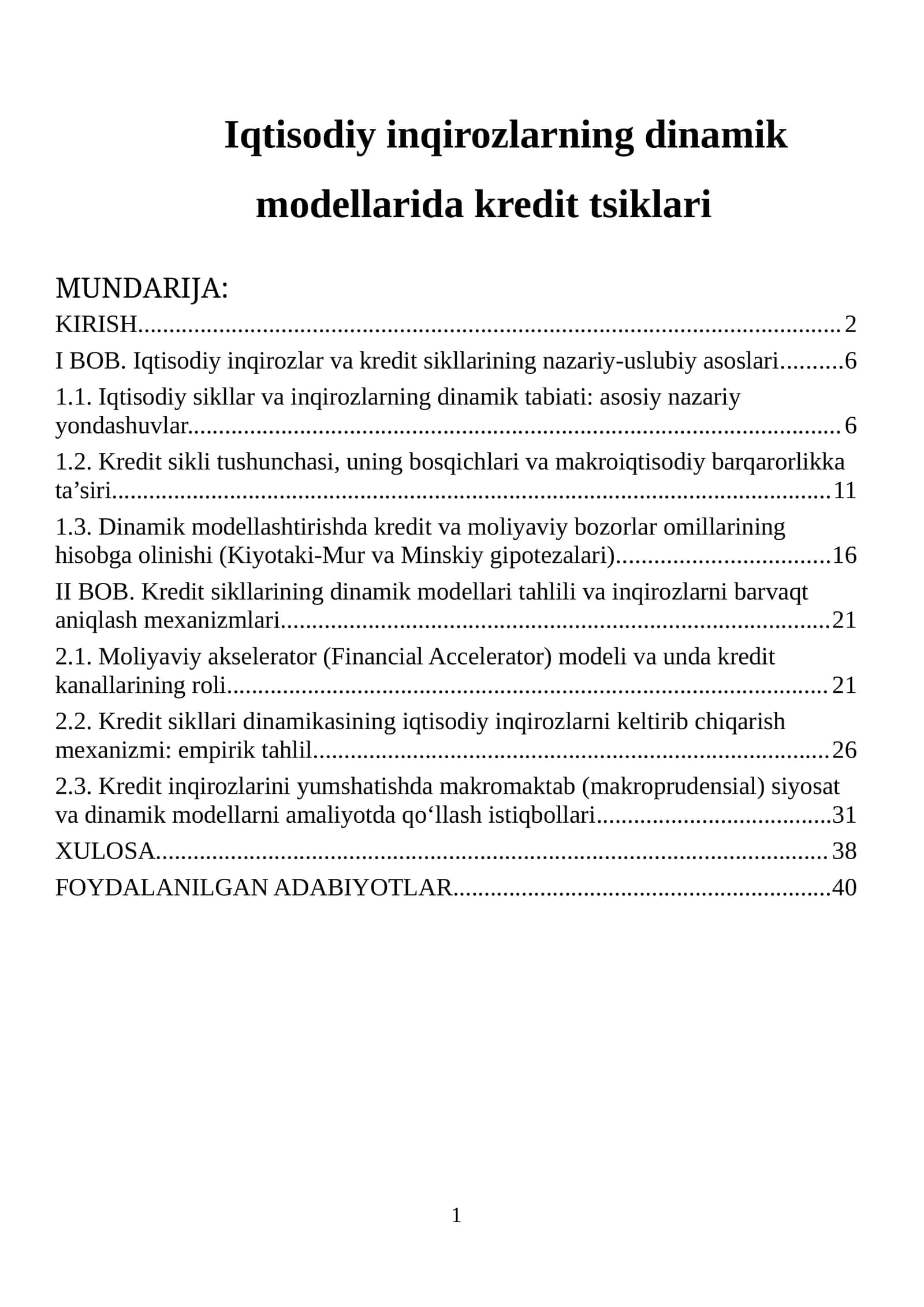 Iqtisodiy inqirozlarning dinamik modellarida kredit tsiklari