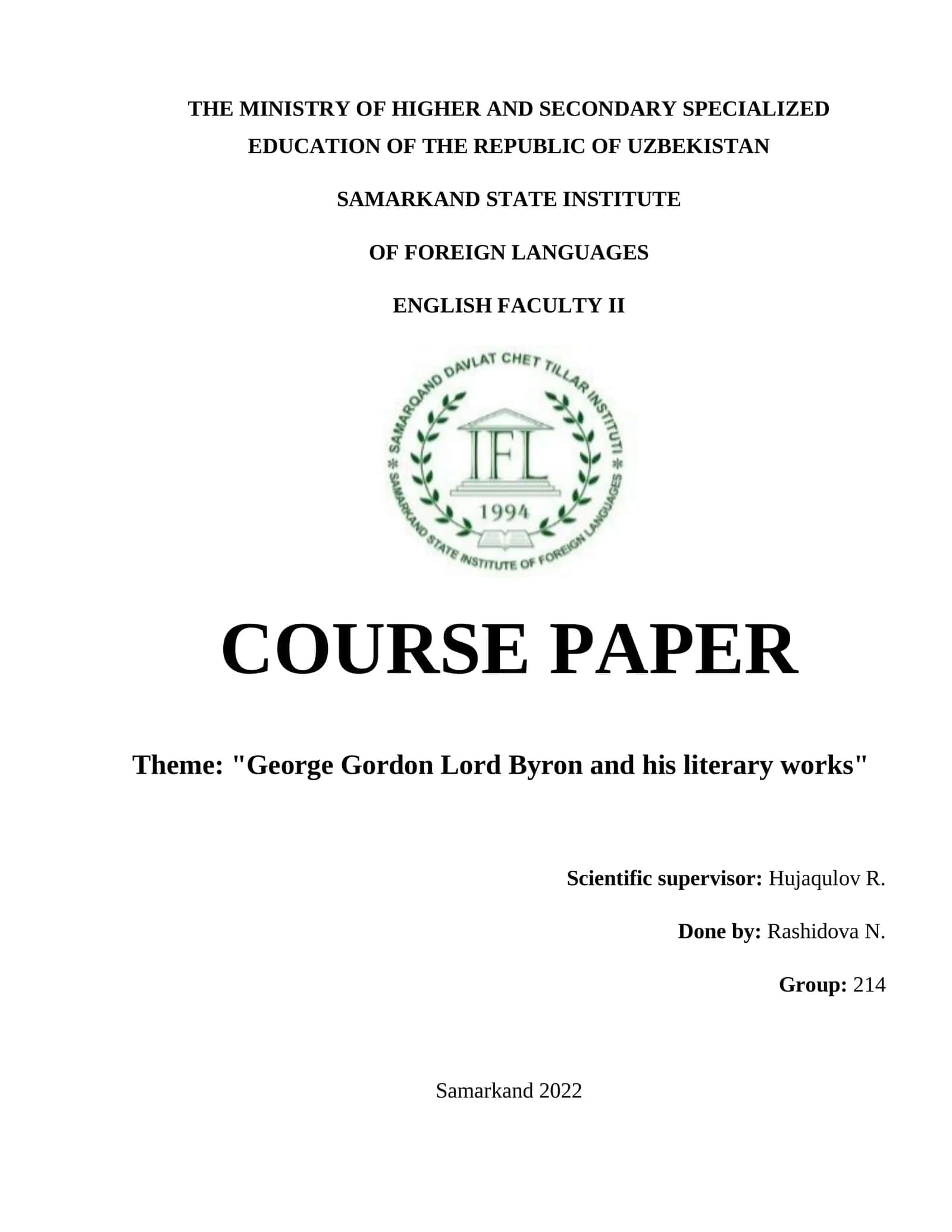 Course Paper "George Gordon Lord Byron and his literary works"