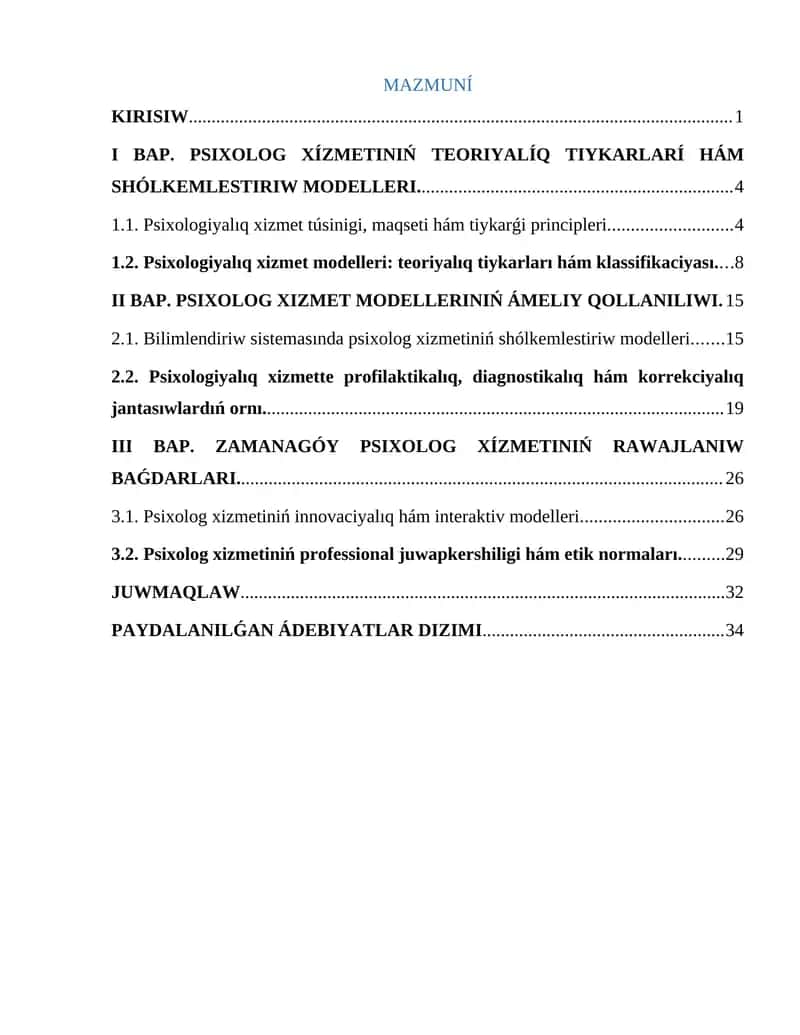 PSIXOLOG XÍZMETINIŃ modelleri