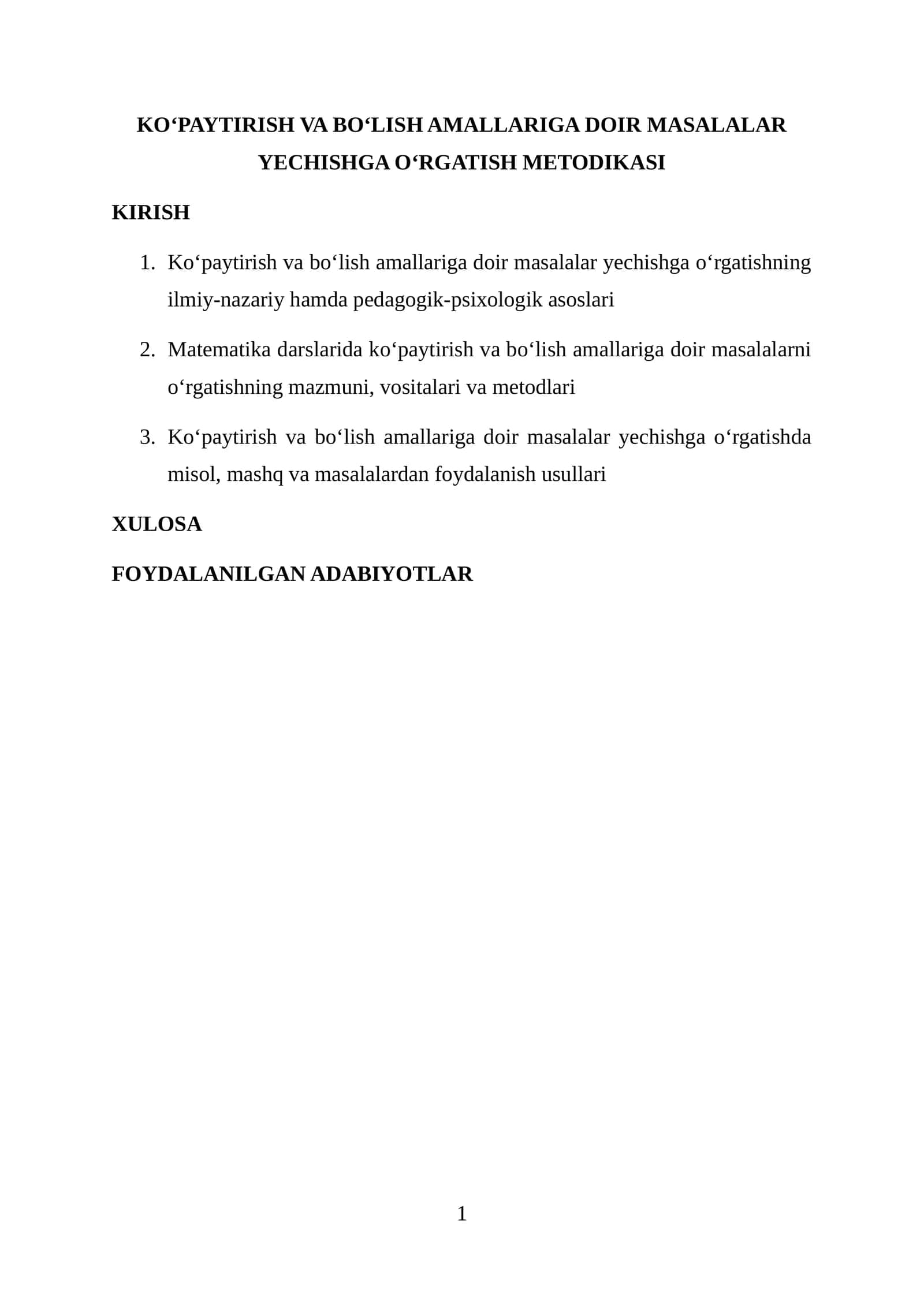 Ko‘paytirish va bo‘lish amallariga doir masalalar yechishga o‘rgatish metodikasi