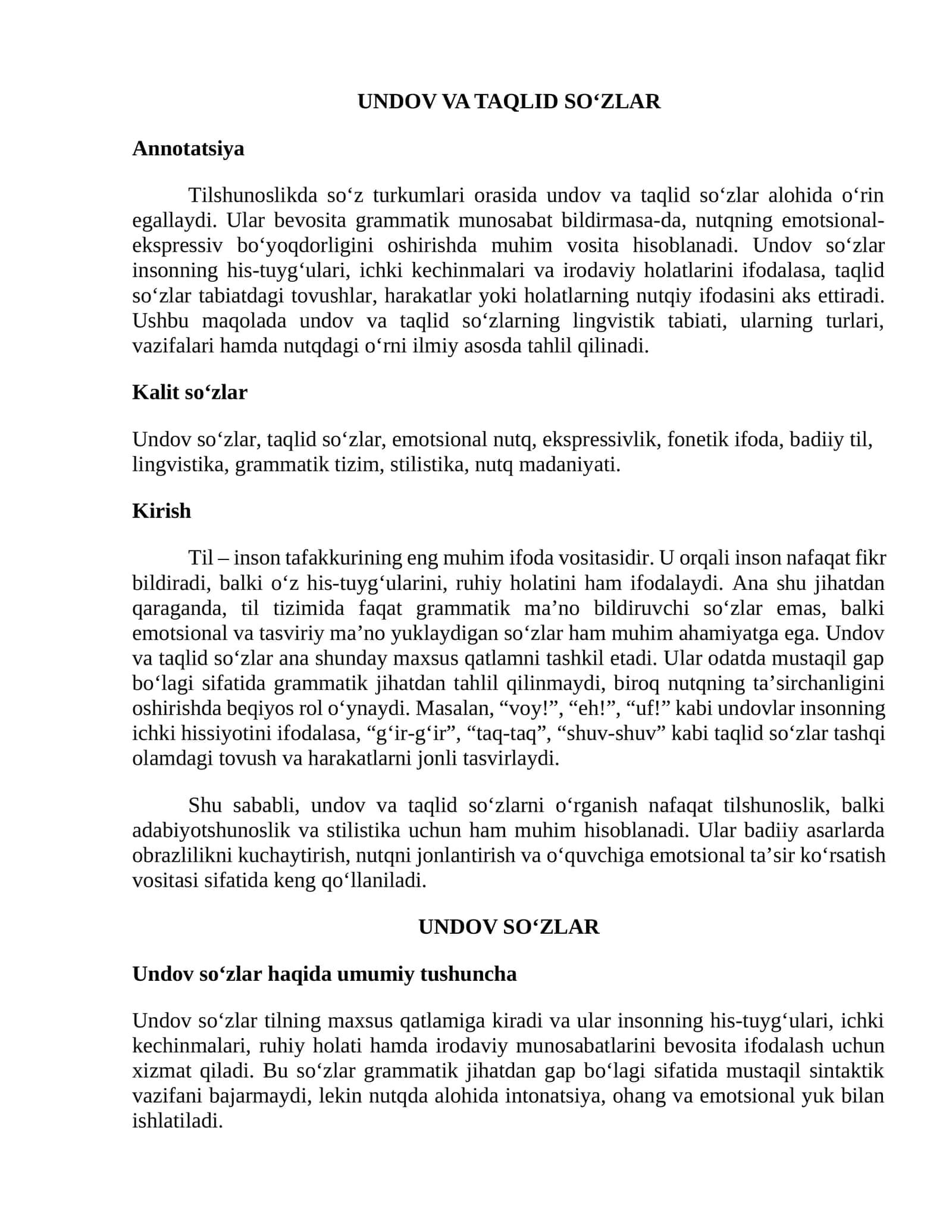 UNDOV VA TAQLID SO‘ZLAR
