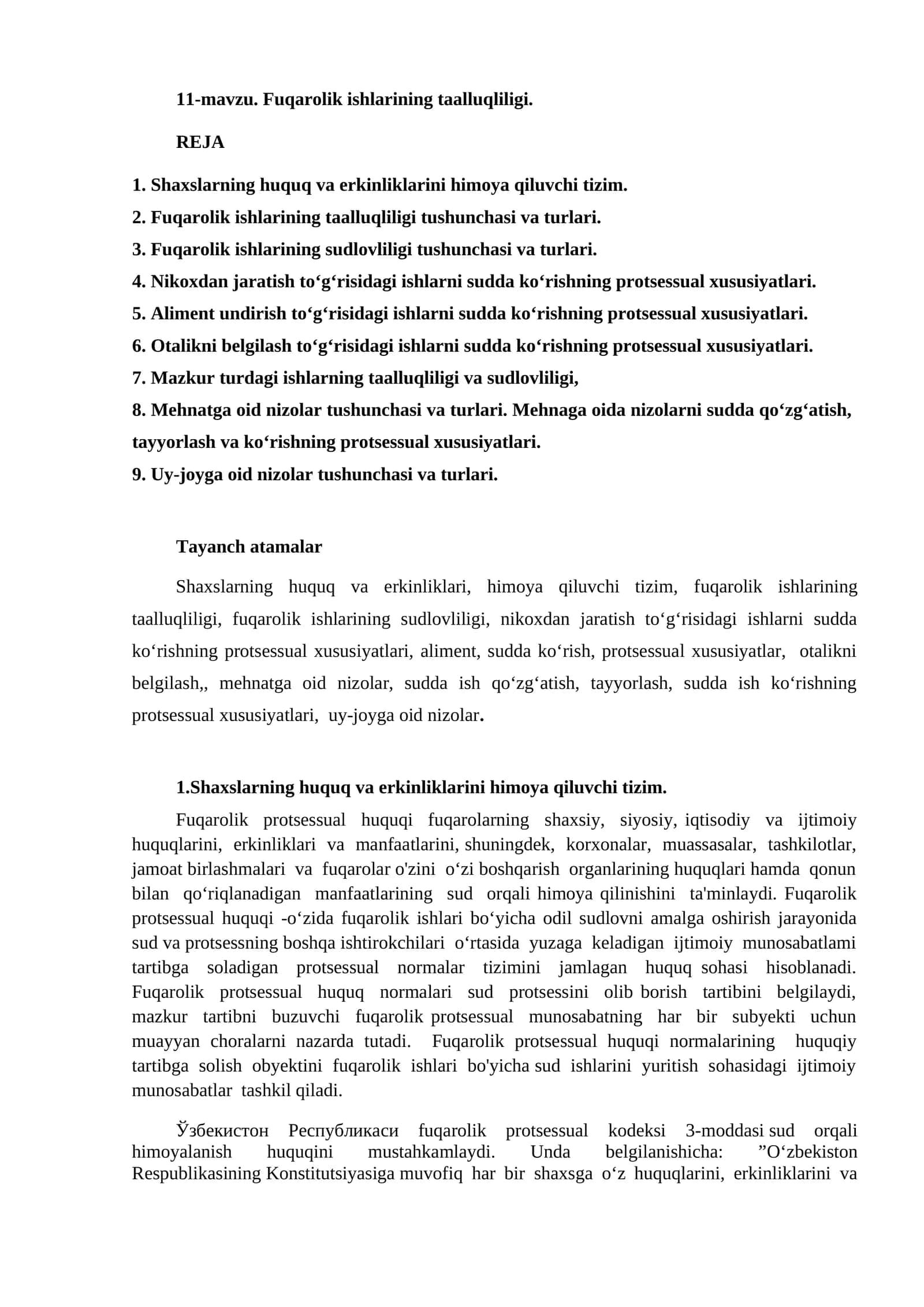11-mavzu. Fuqarolik ishlarining taalluqliligi
