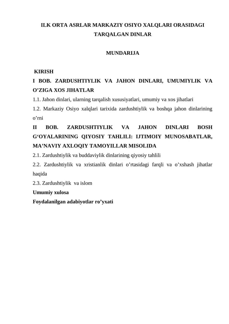 ILK ORTA ASRLAR MARKAZIY OSIYO XALQLARI ORASIDAGI TARQALGAN DINLAR