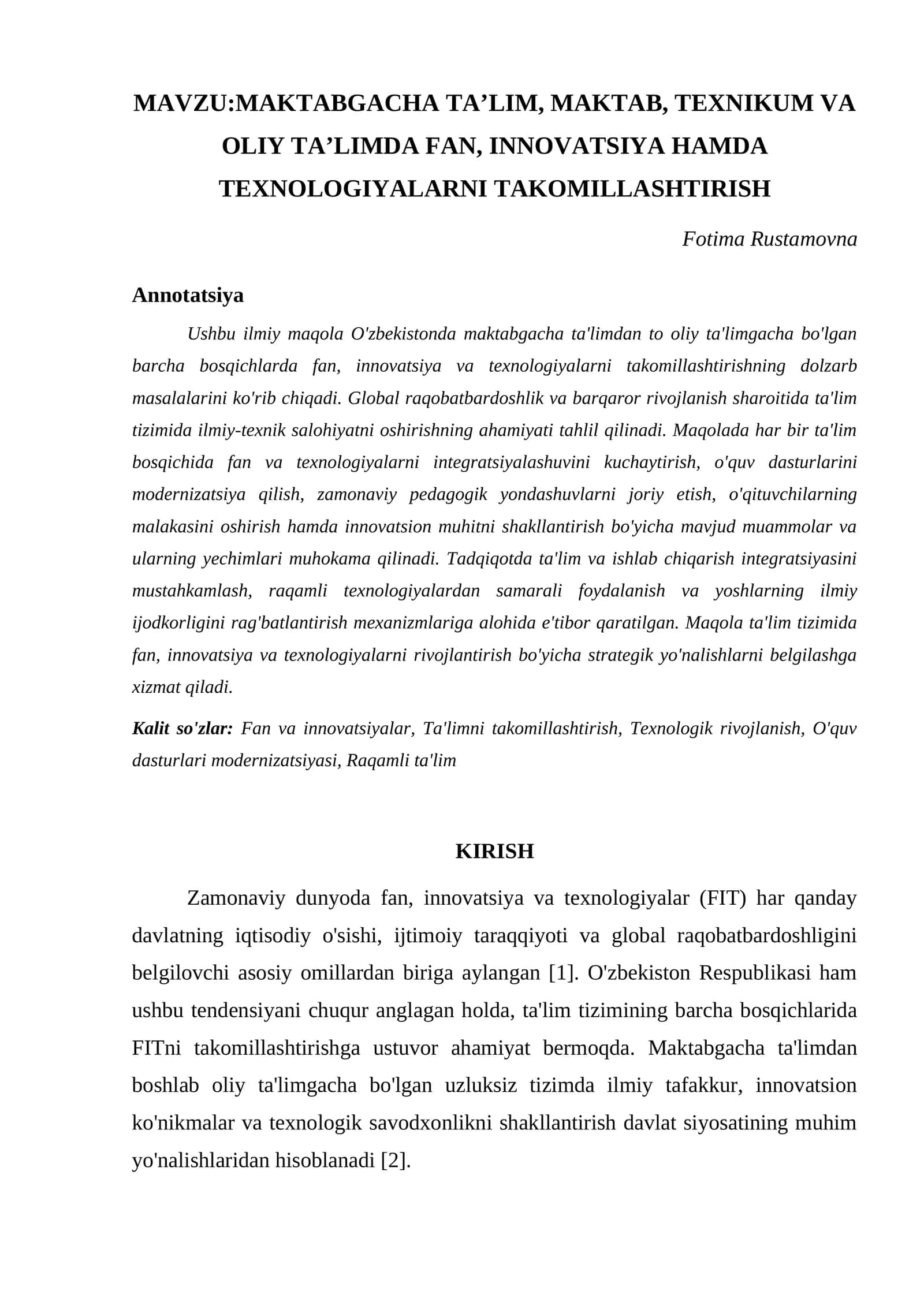 MAKTABGACHA TAʼLIM, MAKTAB, TEXNIKUM VA OLIY TAʼLIMDA FAN, INNOVATSIYA HAMDA TEXNOLOGIYALARNI TAKOMILLASHTIRISH