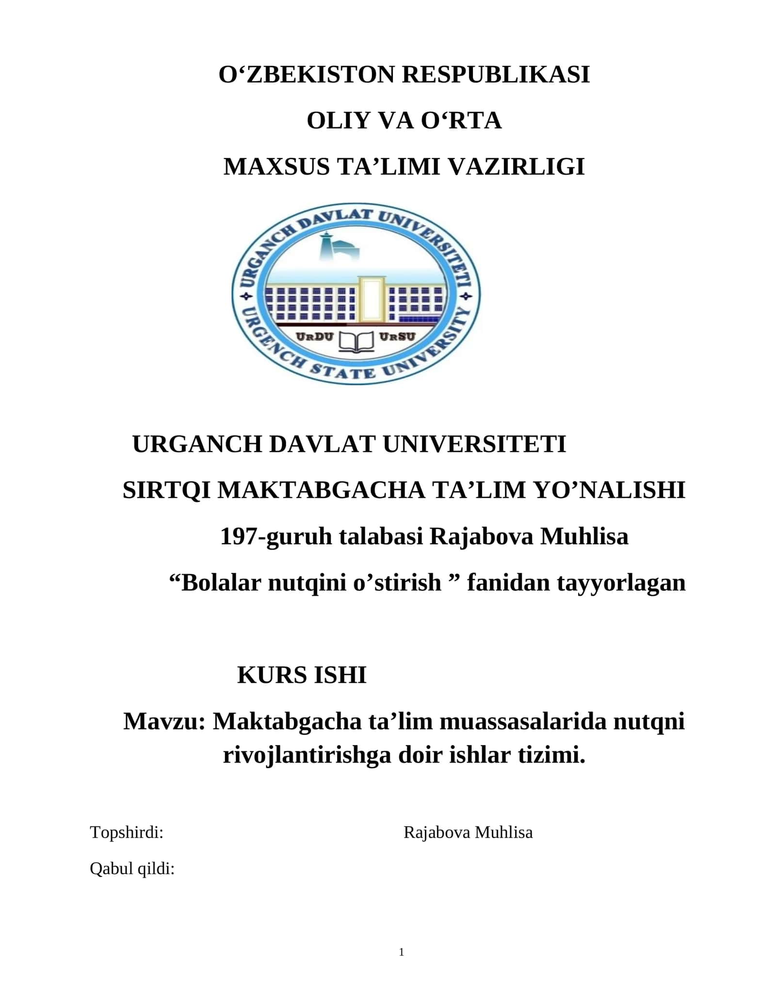 Bolalar nutqini o’stirish kurs ishi