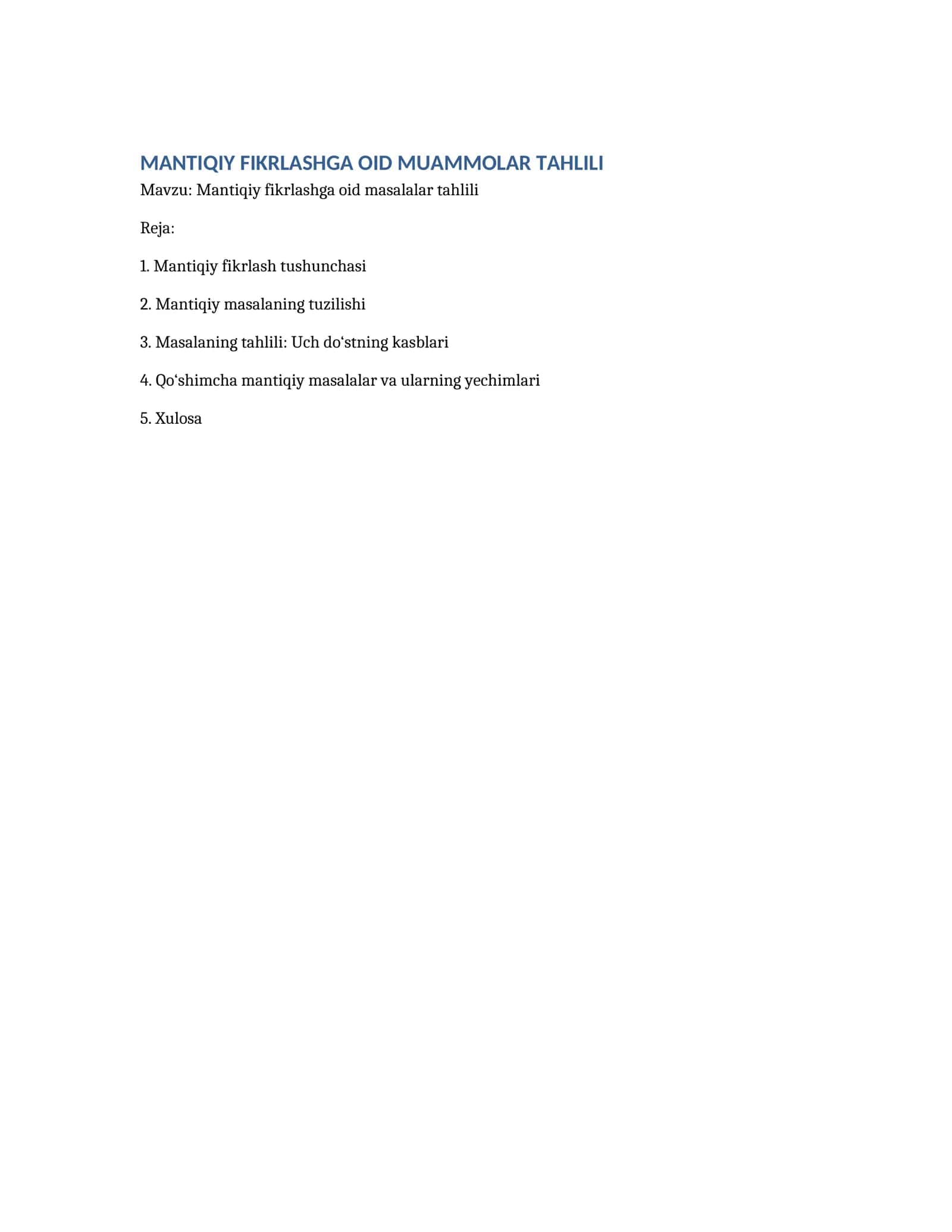 Mantiqiy fikrlashga oid masalalar tahlili