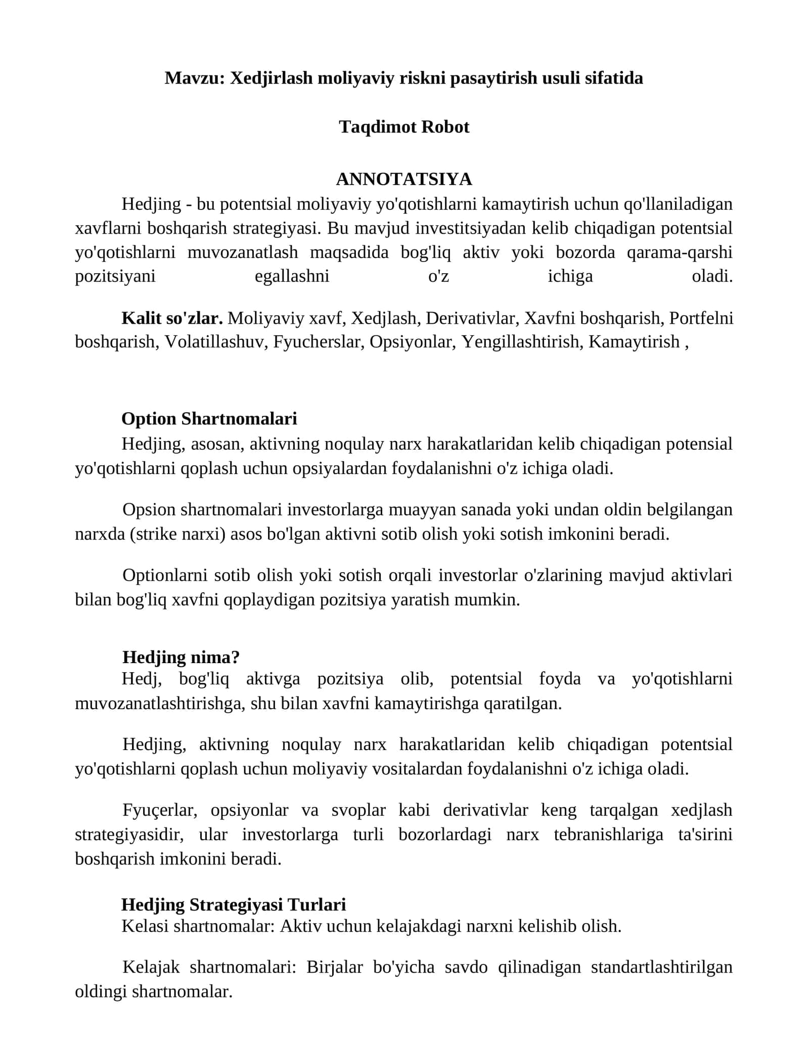 Xedjirlash moliyaviy riskni pasaytirish usuli sifatida