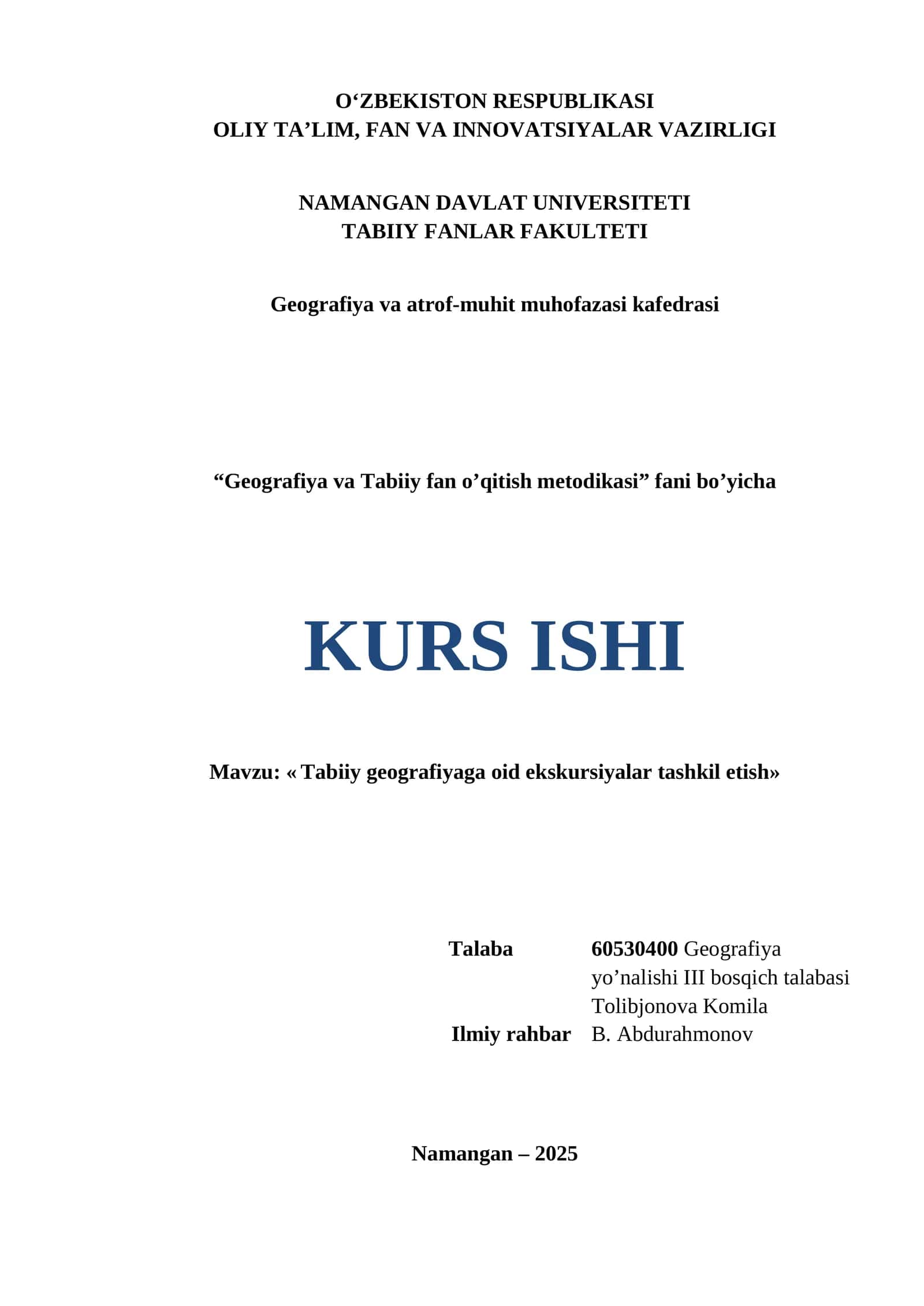 Geografiya va Tabiiy fan o’qitish metodikasi KURS ISHI