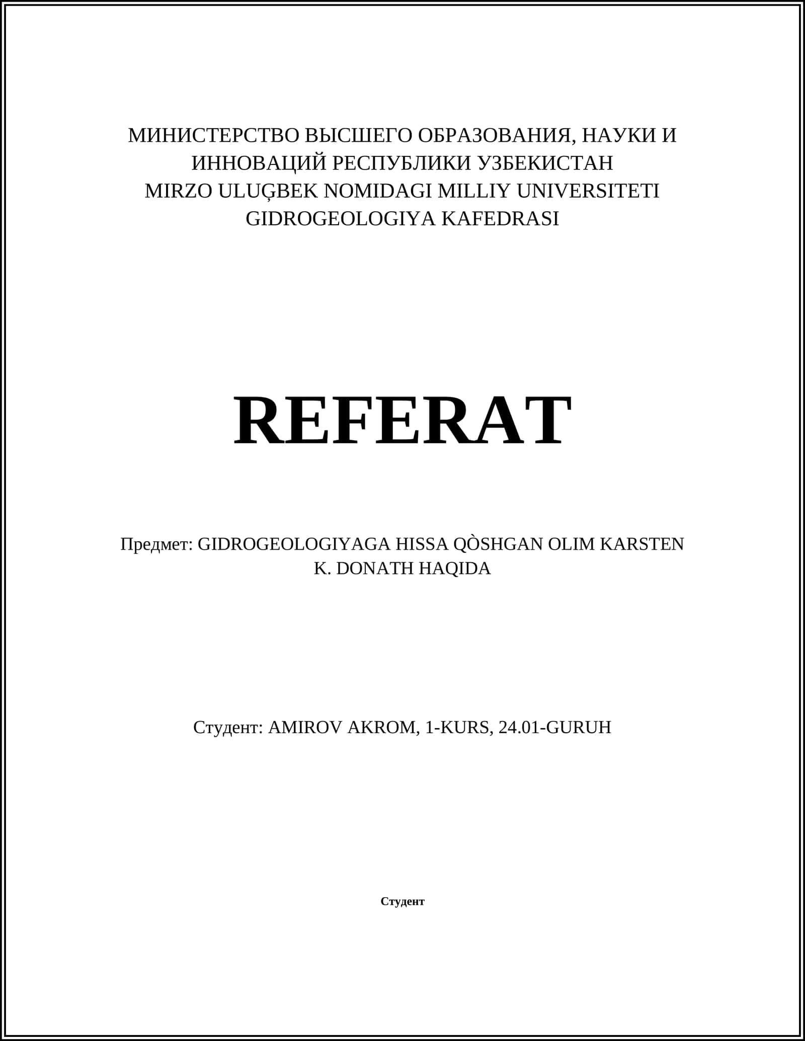 GIDROGEOLOGIYAGA HISSA QÒSHGAN OLIM KARSTEN K. DONATH HAQIDA