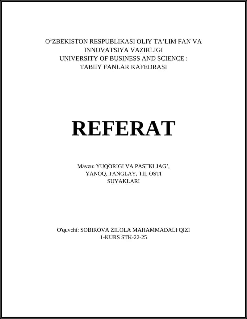 REFERAT: YUQORIGI VA PASTKI JAG’