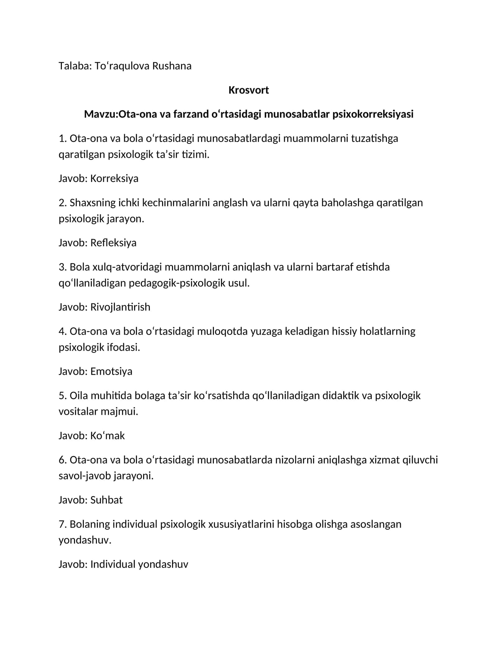 Ota-ona va farzand oʻrtasidagi munosabatlar psixokorreksiyasi