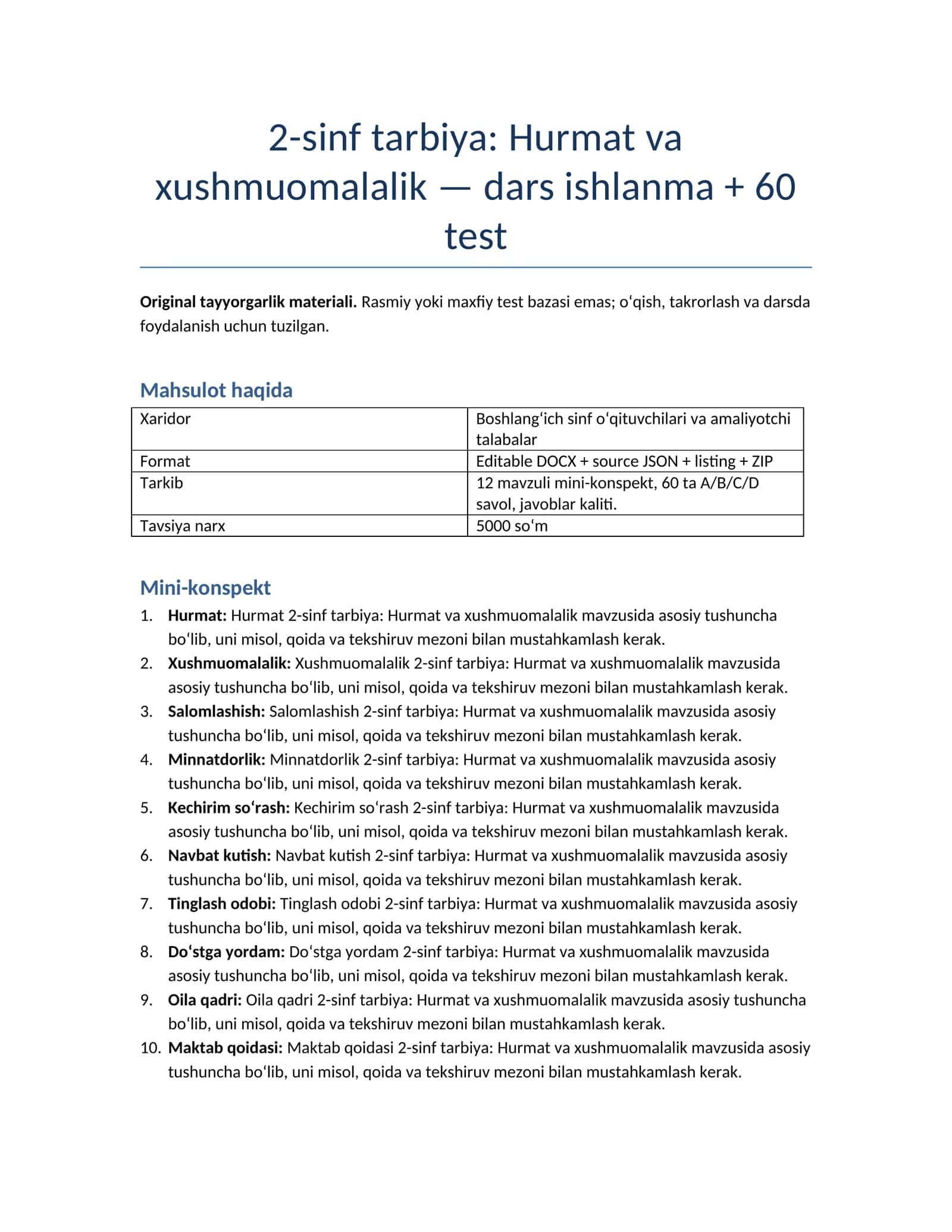 2-sinf tarbiya: Hurmat va xushmuomalalik