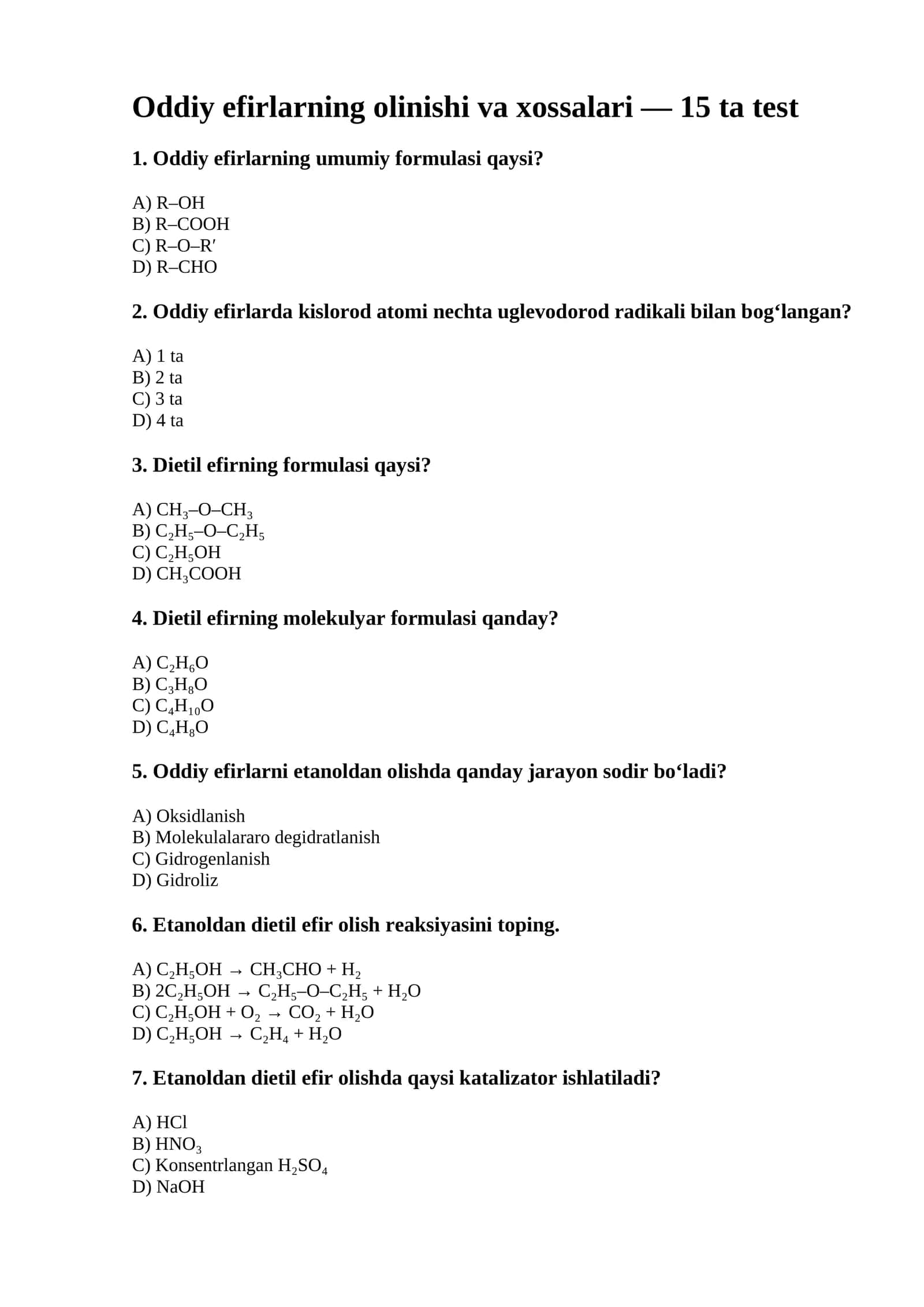 Oddiy efirning xossalari