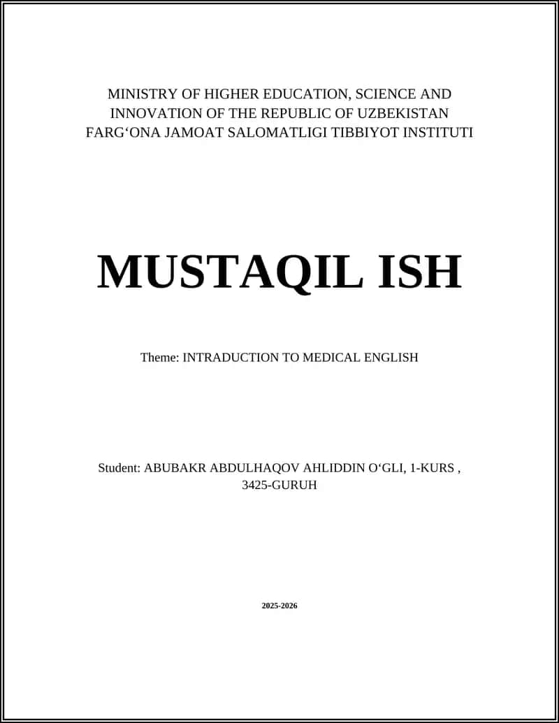INTRADUCTION TO MEDICAL ENGLISH