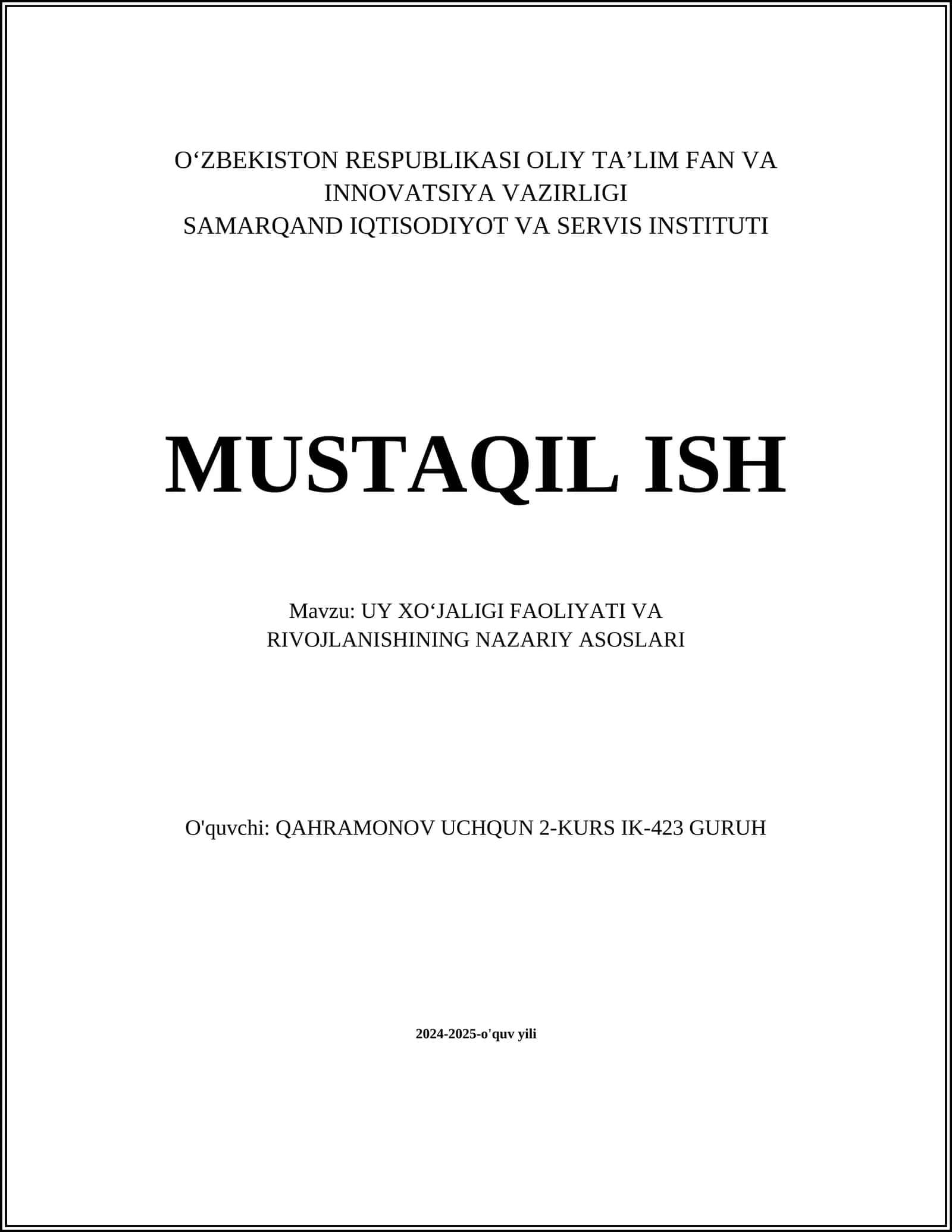 UY XO‘JALIGI FAOLIYATI VA RIVOJLANISHINING NAZARIY ASOSLARI