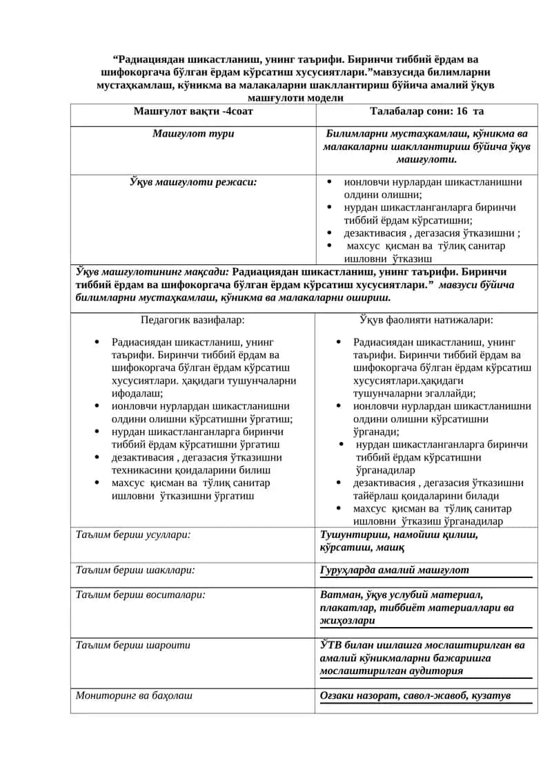 Радиациядан шикастланиш, унинг таърифи. Биринчи тиббий ёрдам ва шифокоргача бўлган ёрдам кўрсатиш хусусиятлари.”мавзусида билимларни мустаҳкамлаш, кўникма ва малакаларни шакллантириш бўйича амалий ўқув машғулоти модели