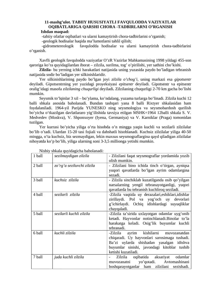 TABIIY HUSUSIYATLI FAVQULODDA VAZIYATLAR OQIBATLARIGA QARSHI CHORA -TADBIRLARNI O’RGANISH