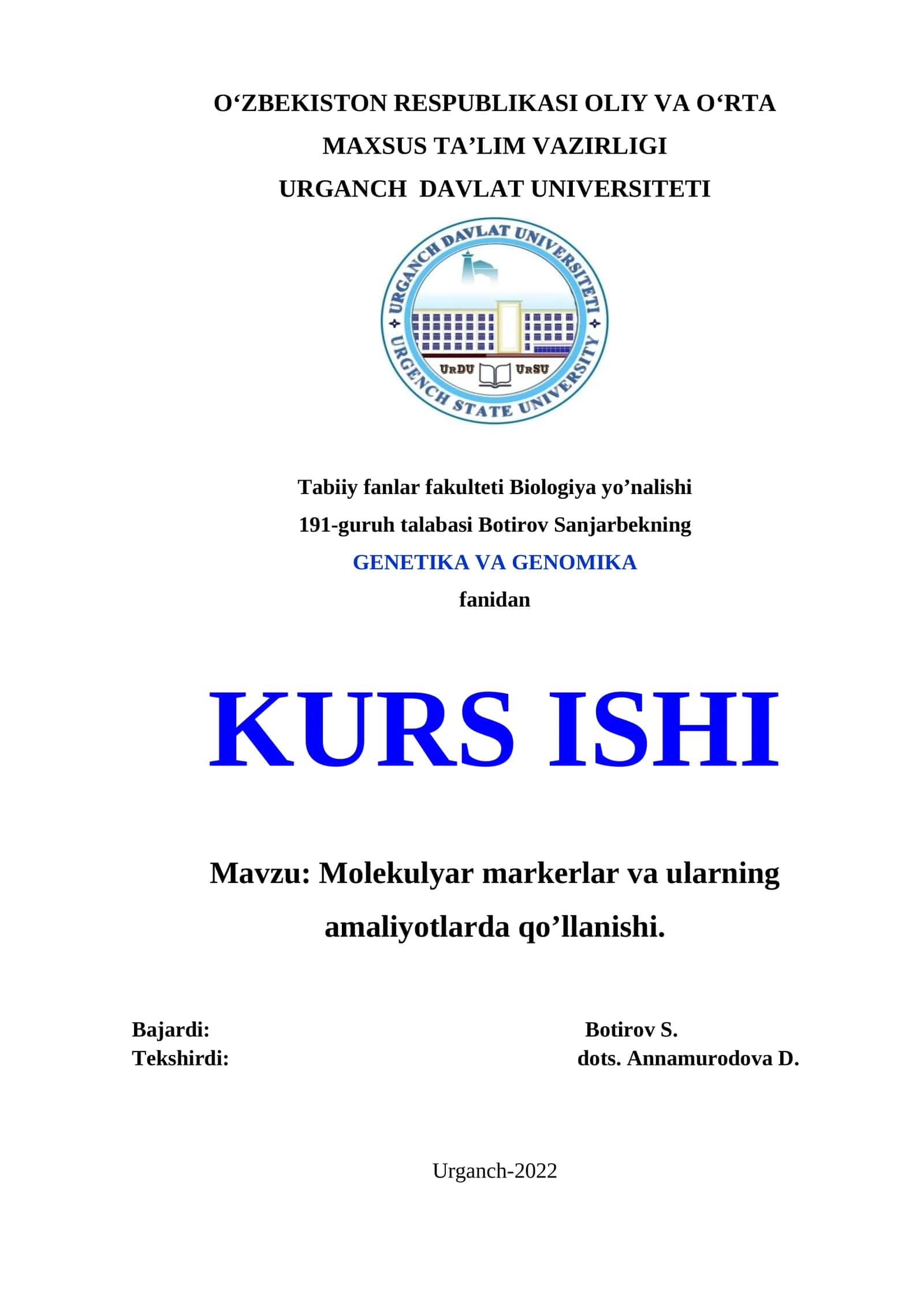 GENETIKA VA GENOMIKA - KURS ISHI