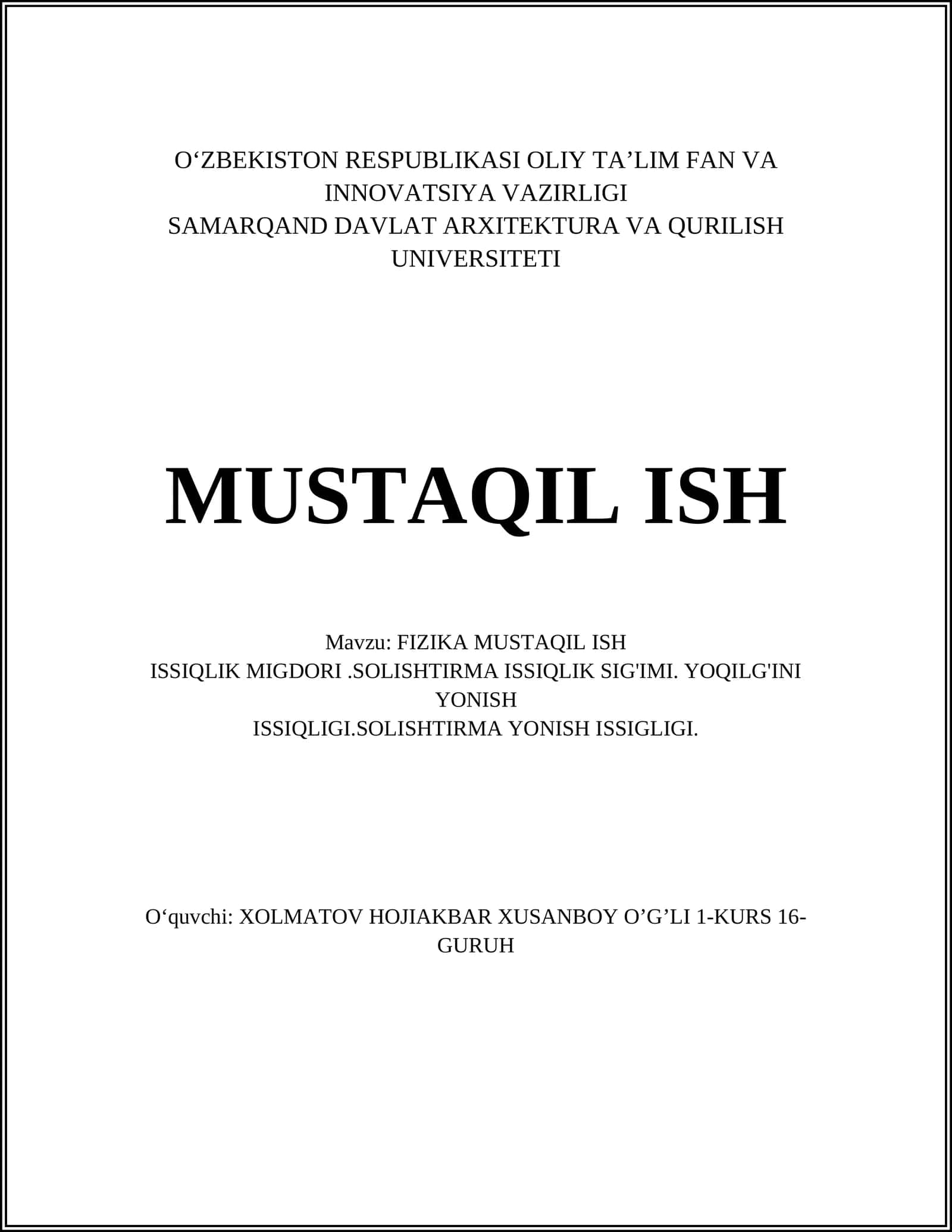FIZIKA MUSTAQIL ISH